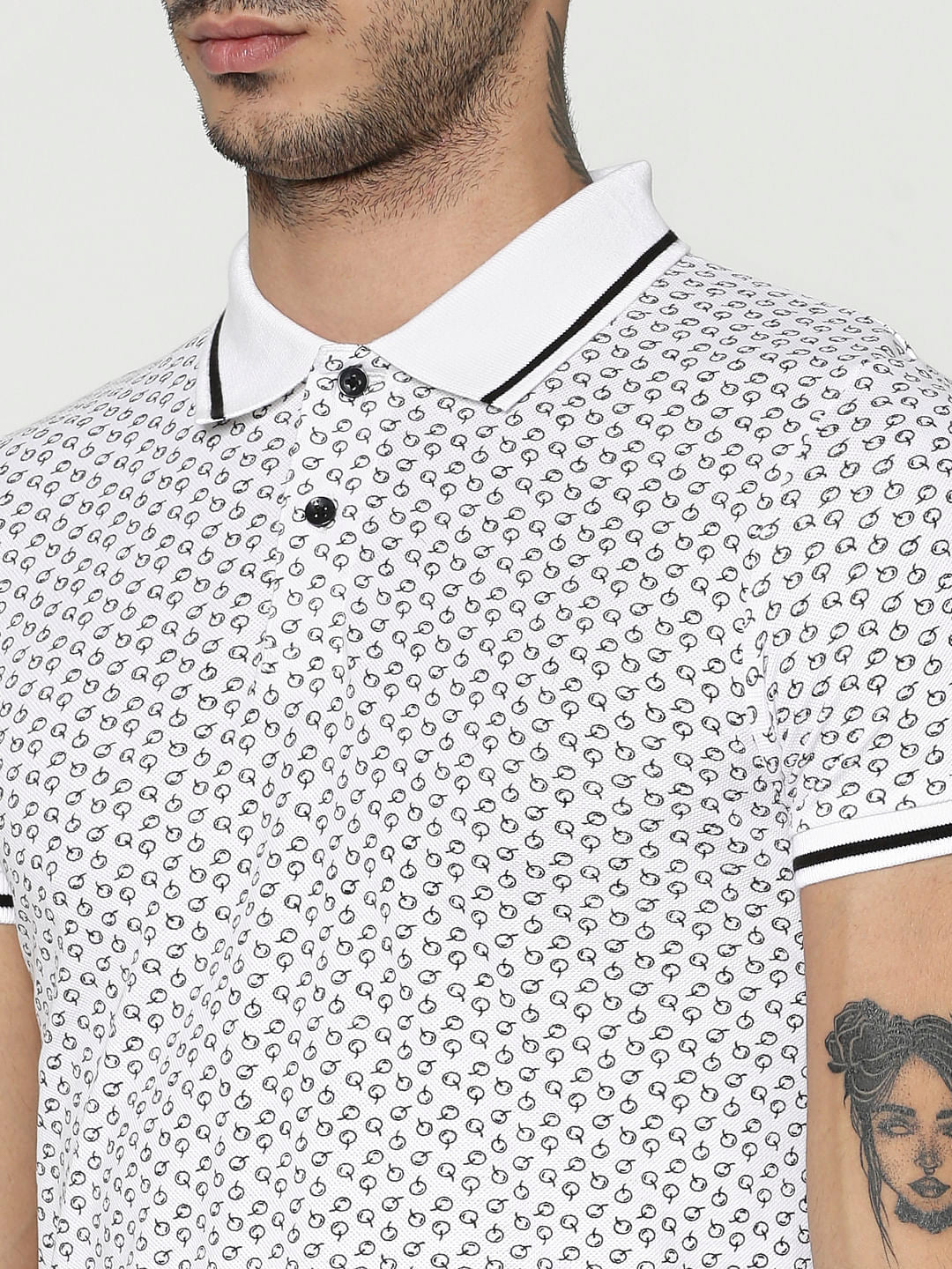 White All Over Printed Slim Fit Polo T-Shirt