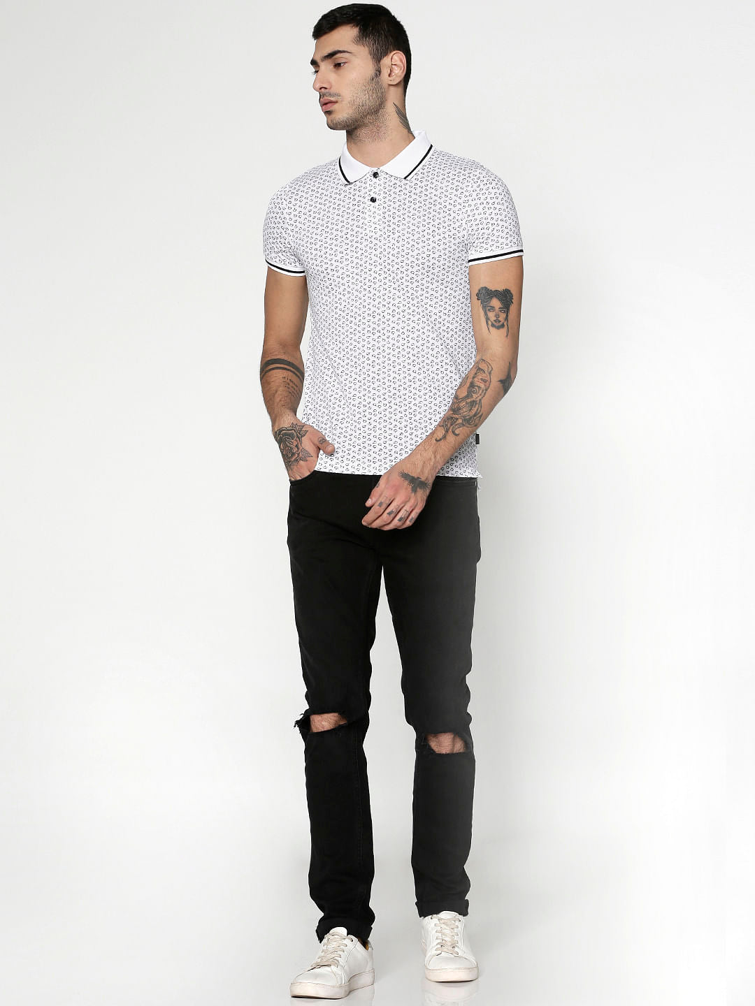 White All Over Printed Slim Fit Polo T-Shirt