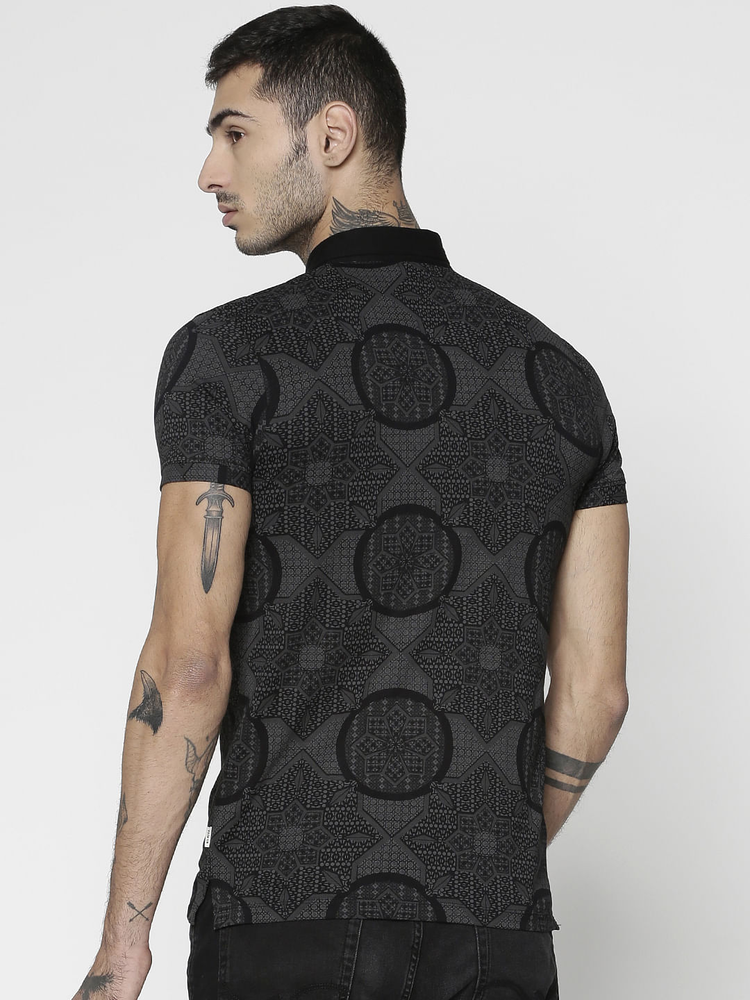 Black All Over Abstract Print Slim Fit Polo T-Shirt