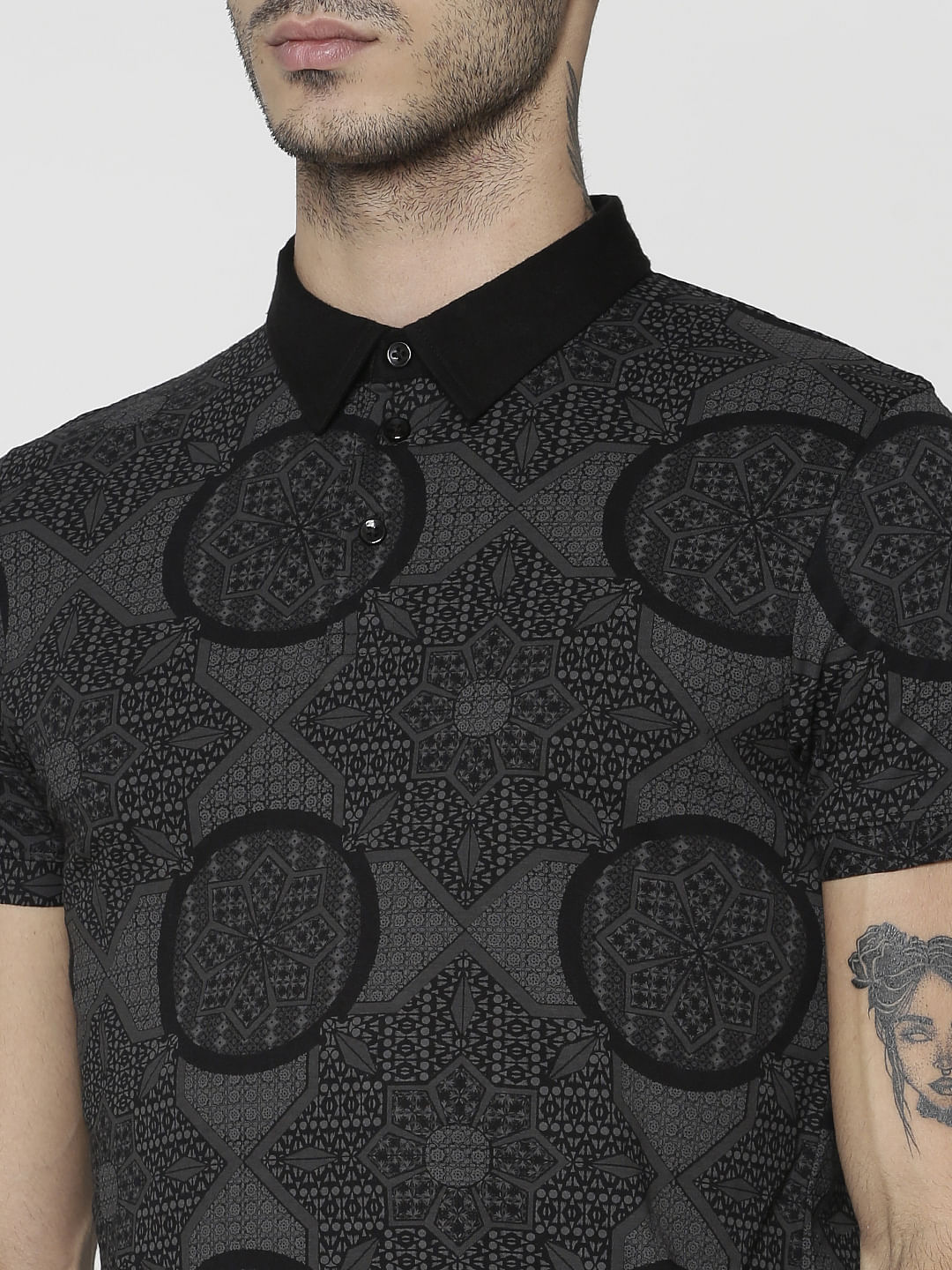 Black All Over Abstract Print Slim Fit Polo T-Shirt