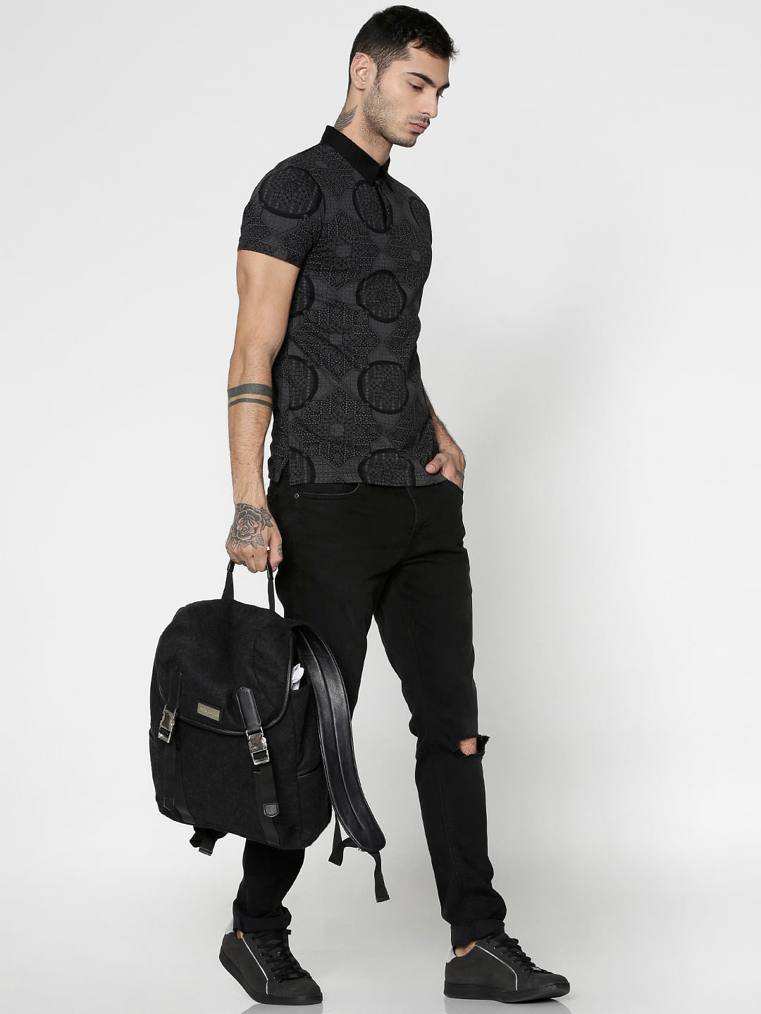 Black All Over Abstract Print Slim Fit Polo T-Shirt
