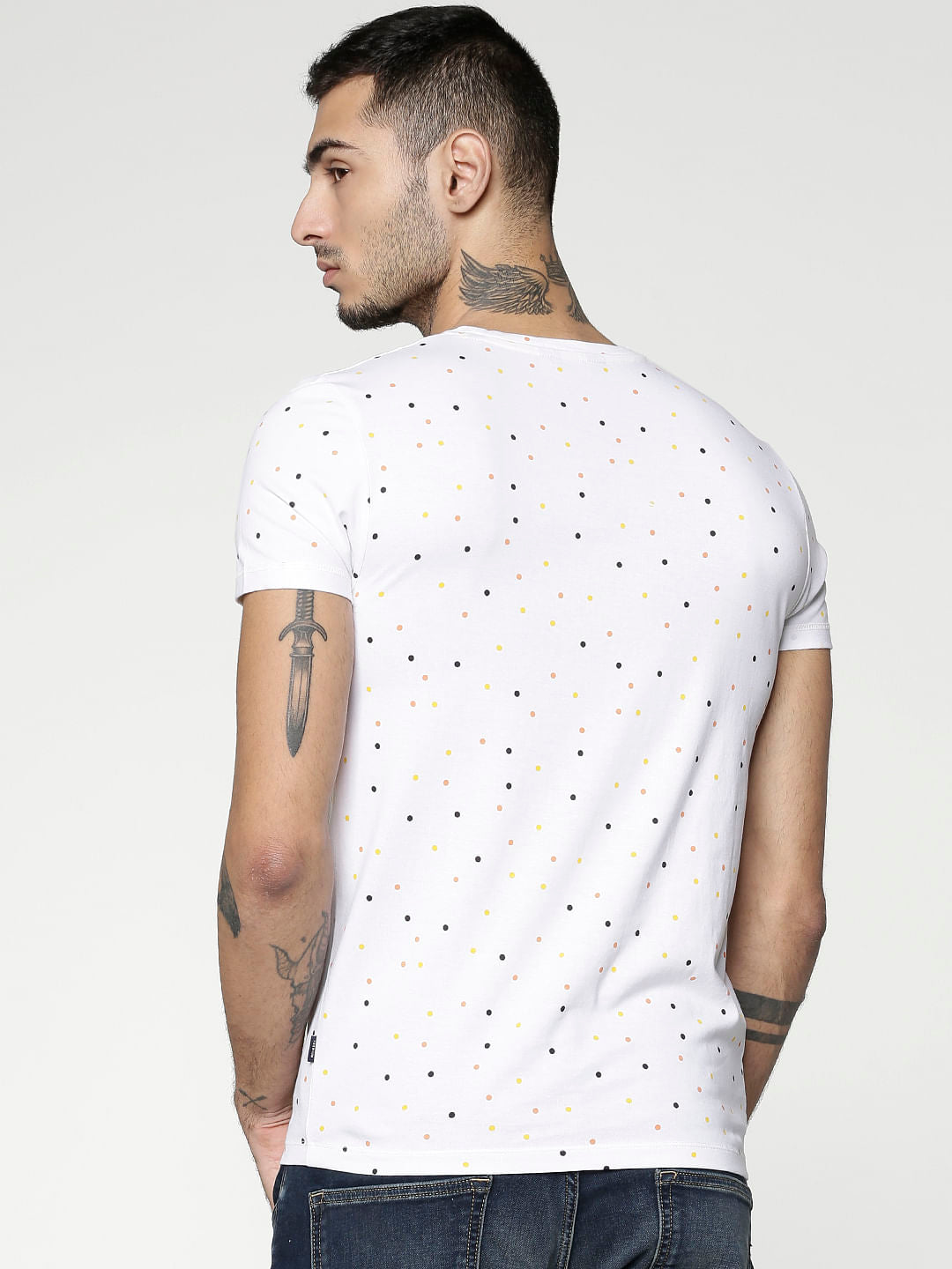 White All Over Polka Dot Print Slim Fit Crew Neck T-Shirt