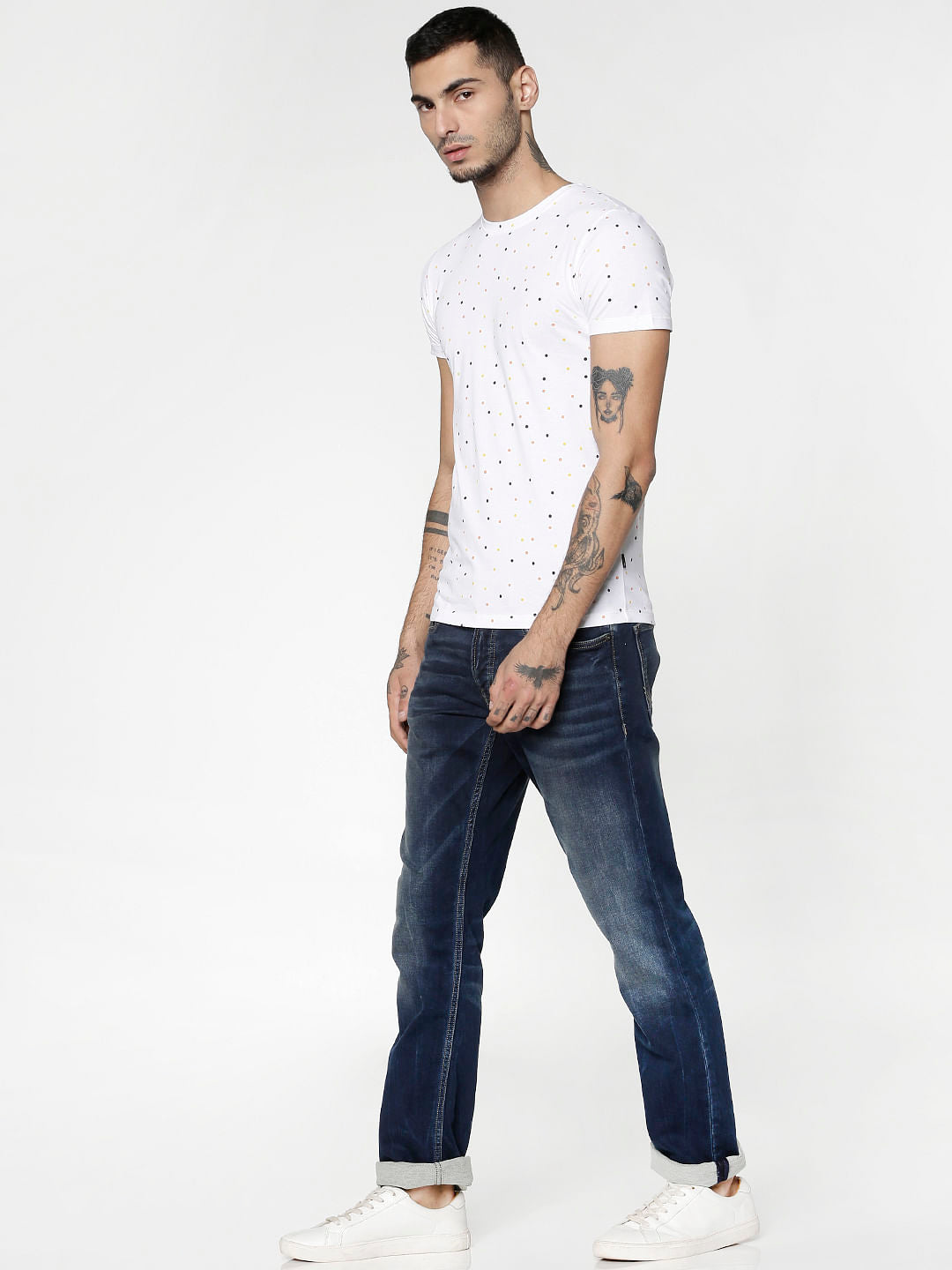 White All Over Polka Dot Print Slim Fit Crew Neck T-Shirt