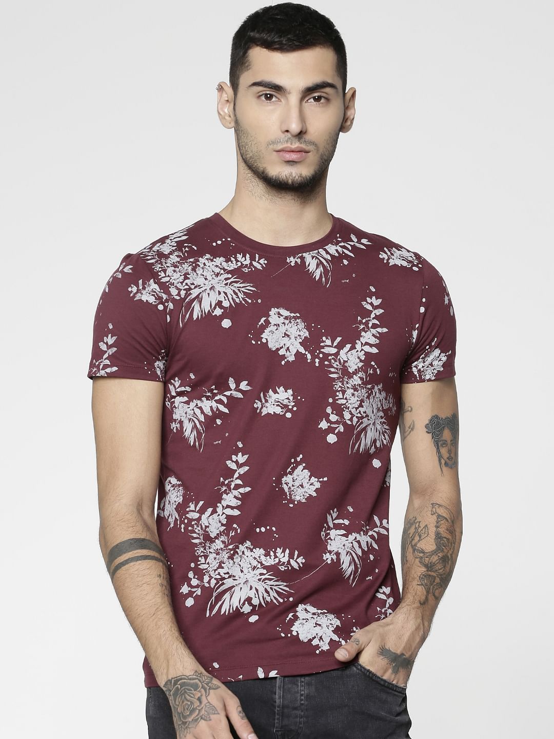 Red All Over Floral Print Slim Fit Crew Neck T-Shirt