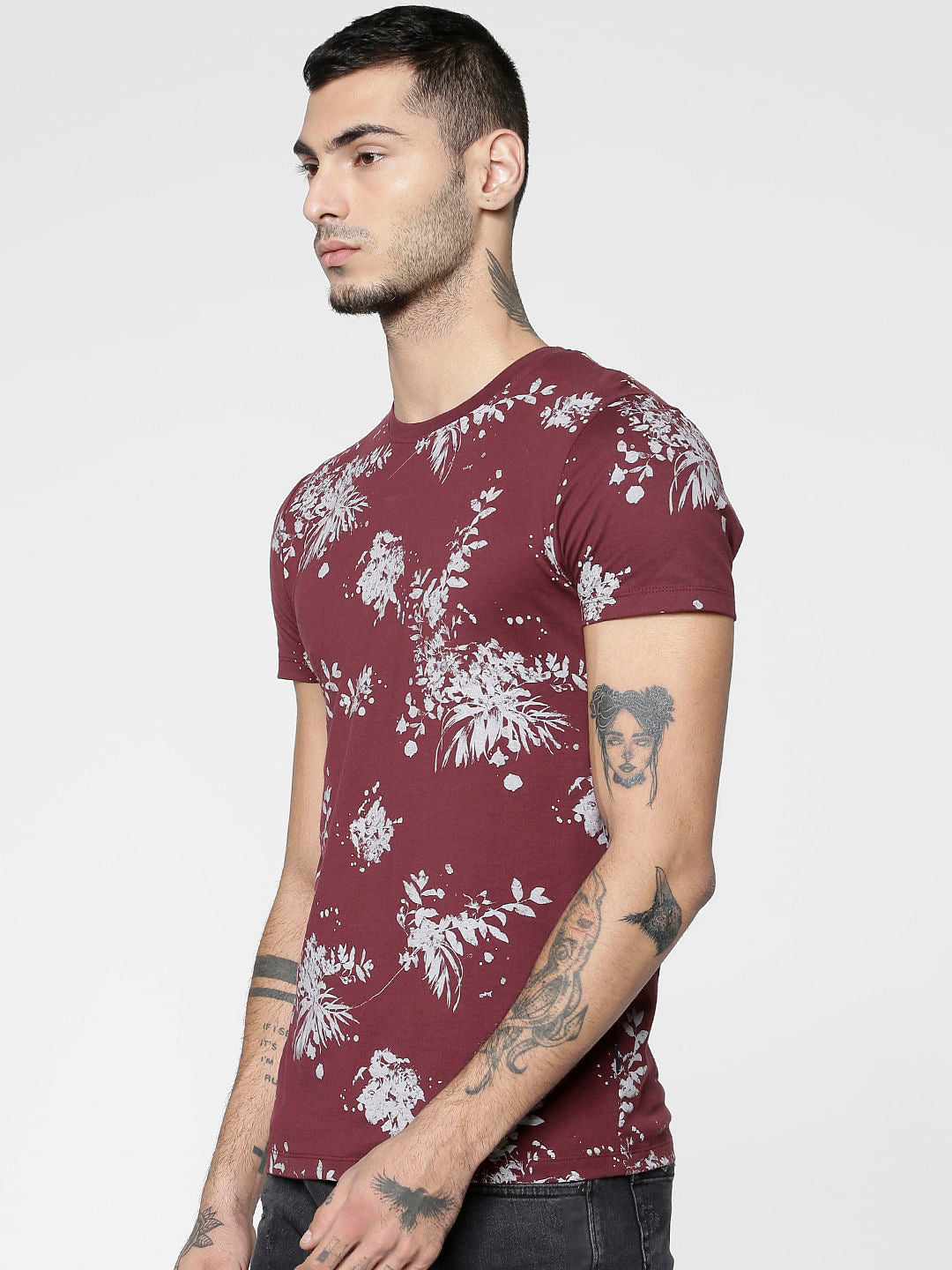 Red All Over Floral Print Slim Fit Crew Neck T-Shirt