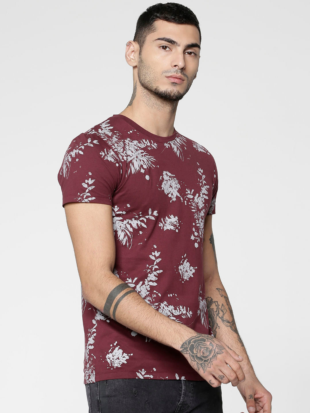 Red All Over Floral Print Slim Fit Crew Neck T-Shirt