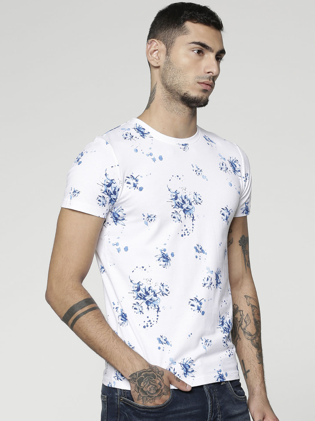 White All Over Floral Print Slim Fit Crew Neck T-Shirts