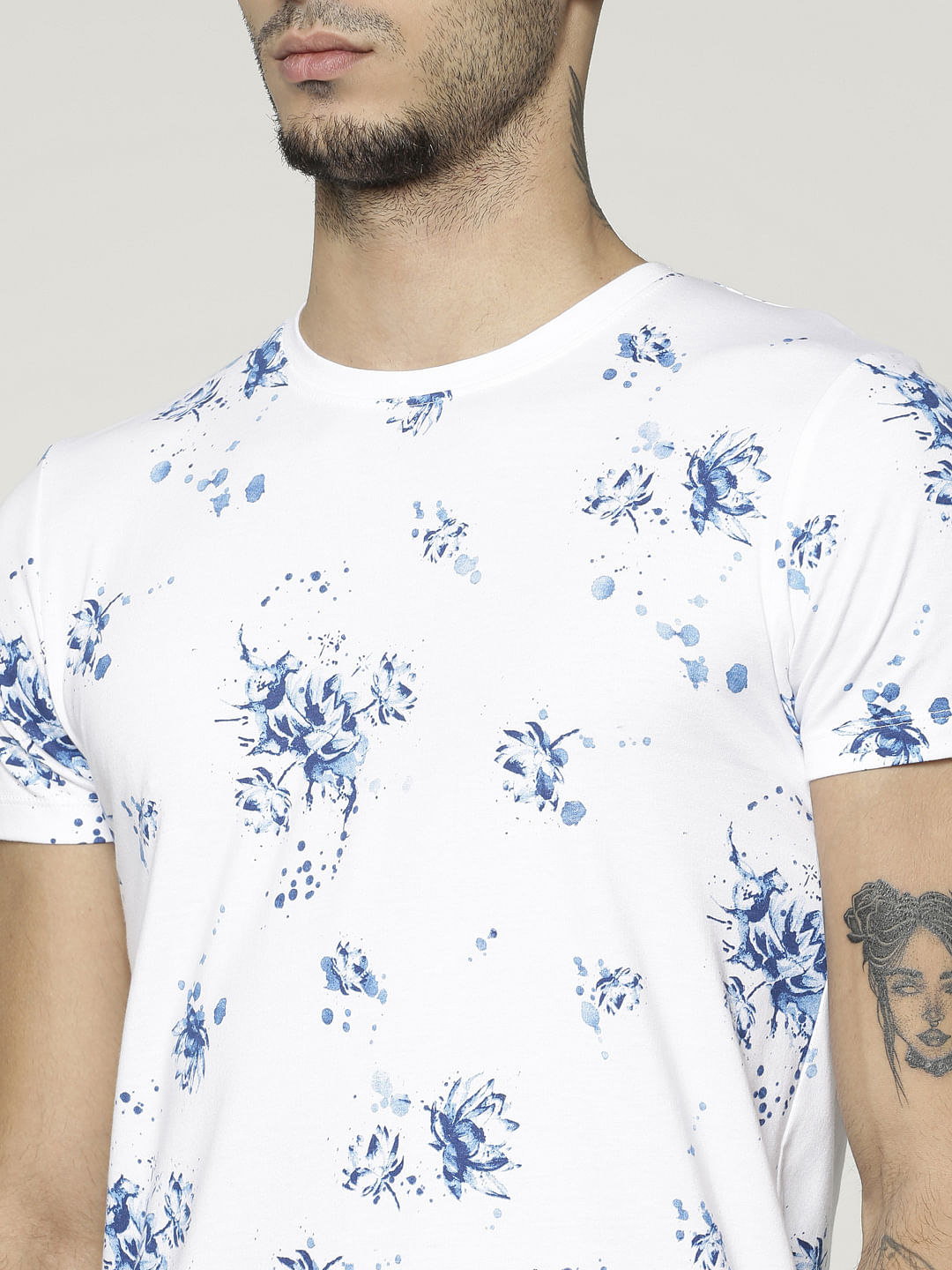 White All Over Floral Print Slim Fit Crew Neck T-Shirts