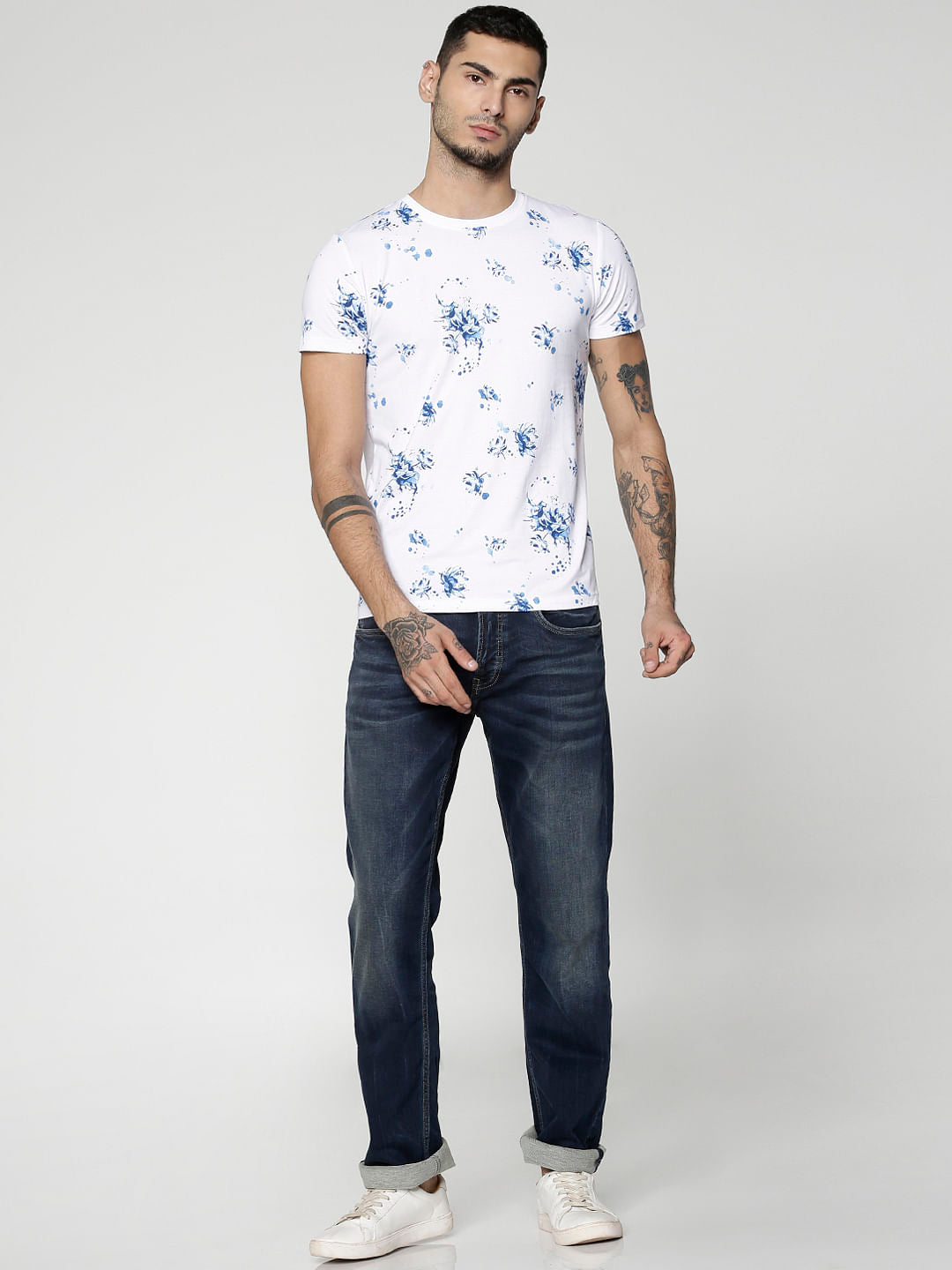 White All Over Floral Print Slim Fit Crew Neck T-Shirts
