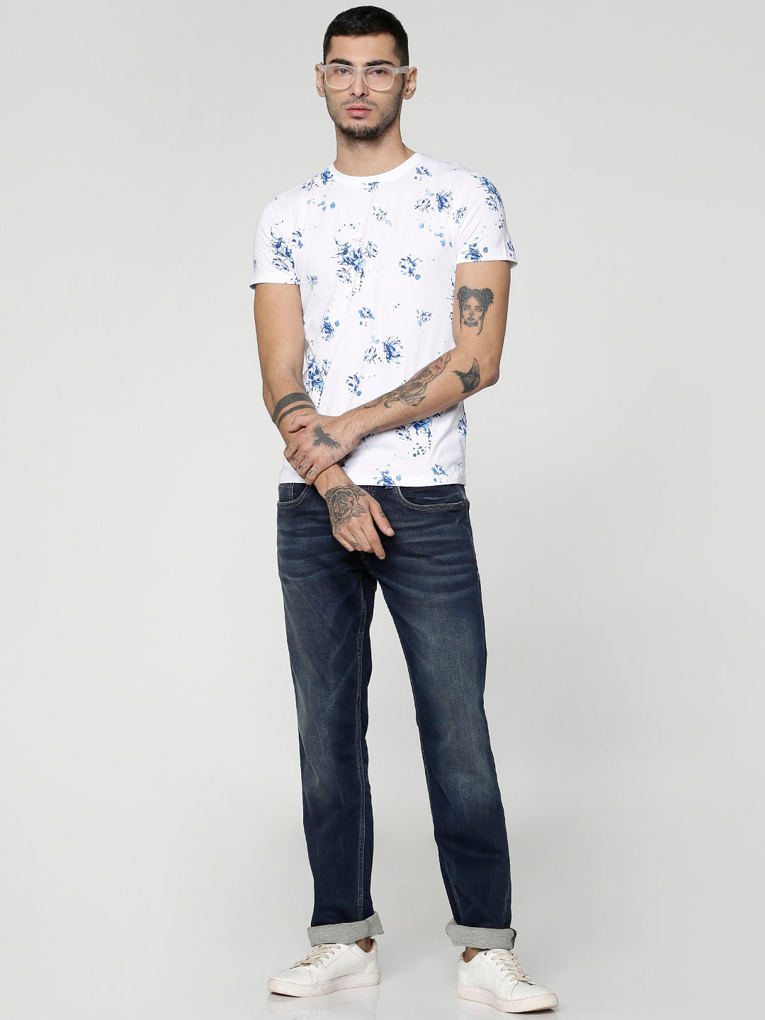 White All Over Floral Print Slim Fit Crew Neck T-Shirts