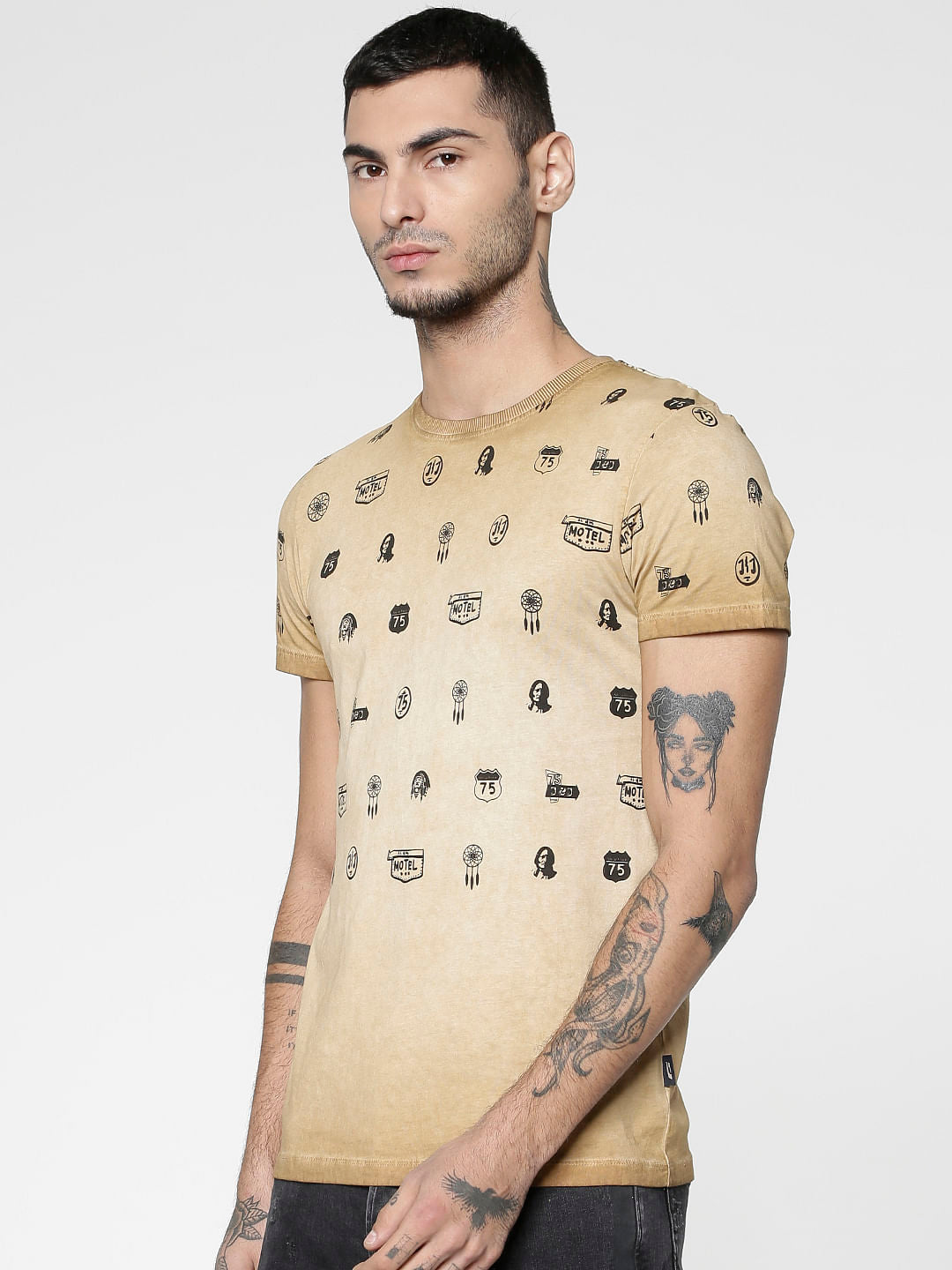Brown All Over Graphic Print Slim Fit Crew Neck T-Shirt