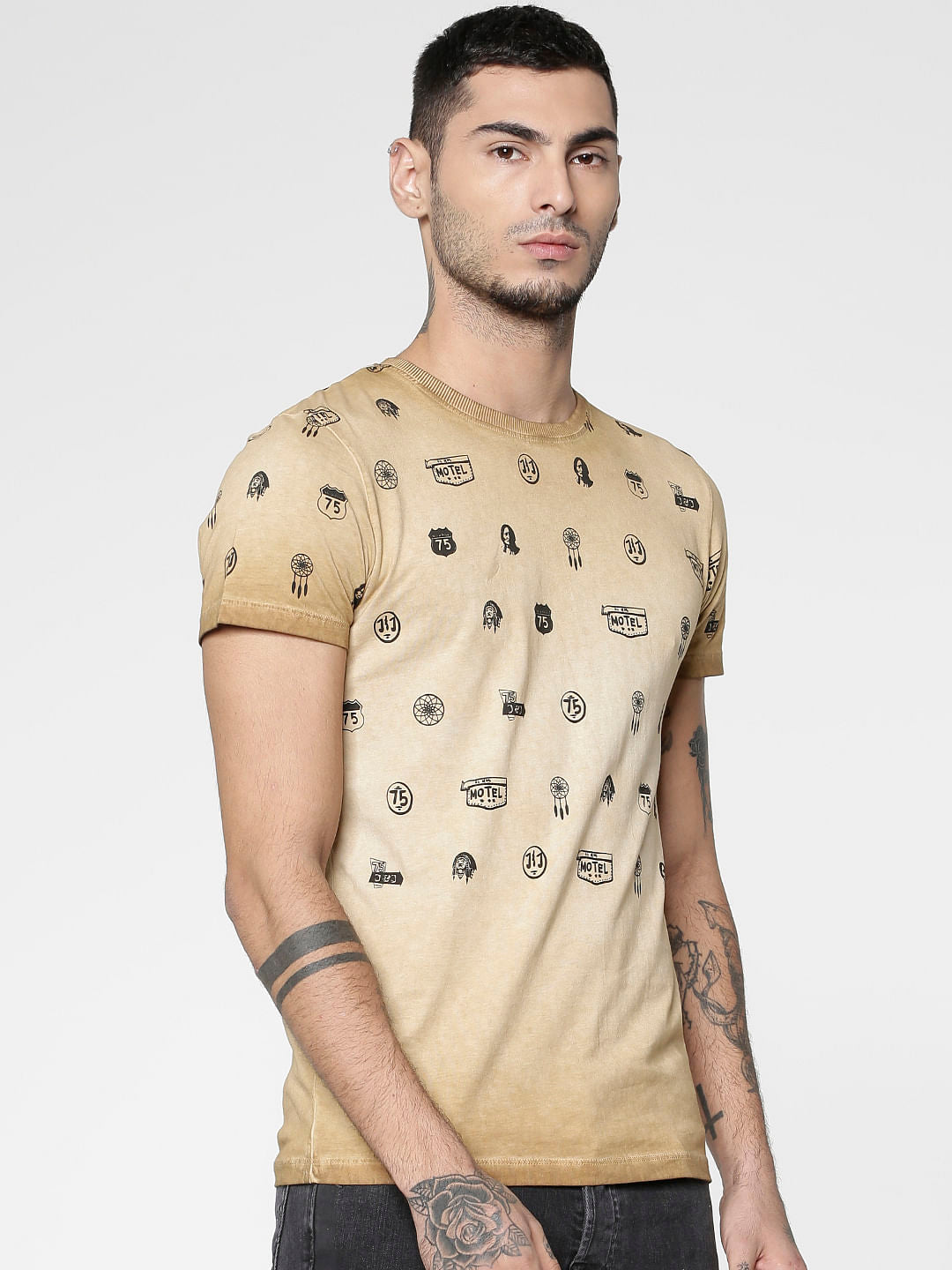 Brown All Over Graphic Print Slim Fit Crew Neck T-Shirt