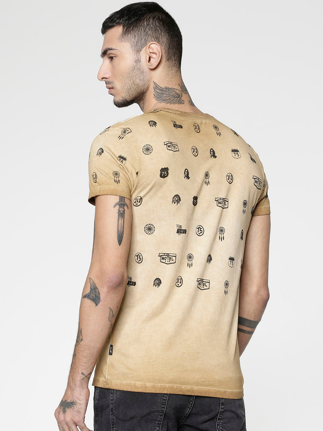 Brown All Over Graphic Print Slim Fit Crew Neck T-Shirt