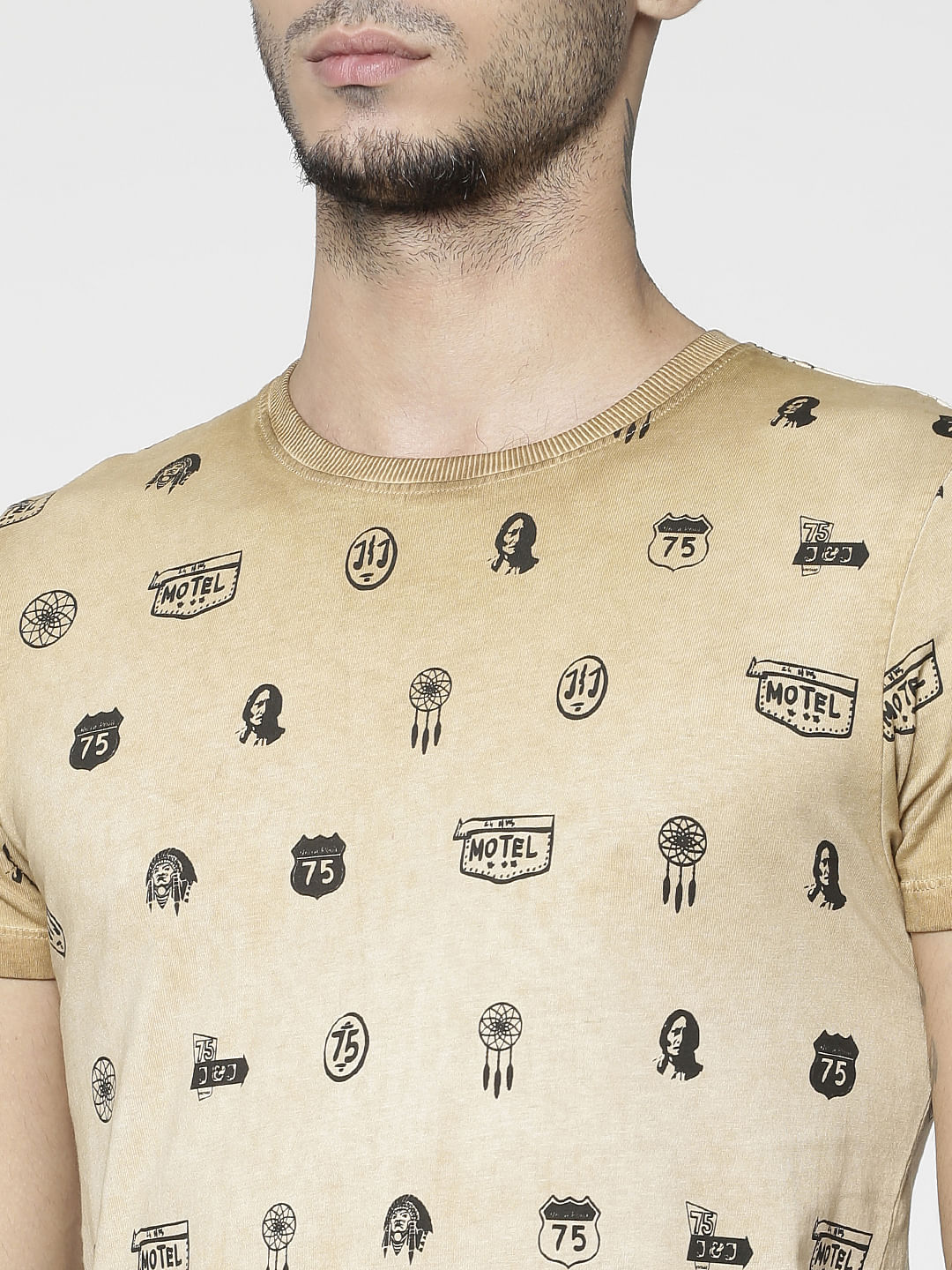 Brown All Over Graphic Print Slim Fit Crew Neck T-Shirt