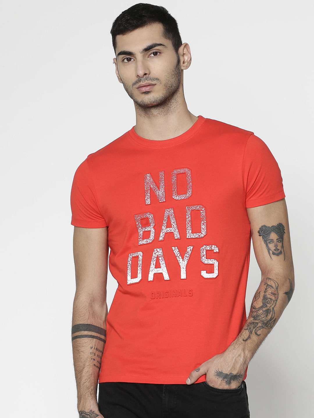 Red Text Print Slim Fit Crew Neck T-Shirt