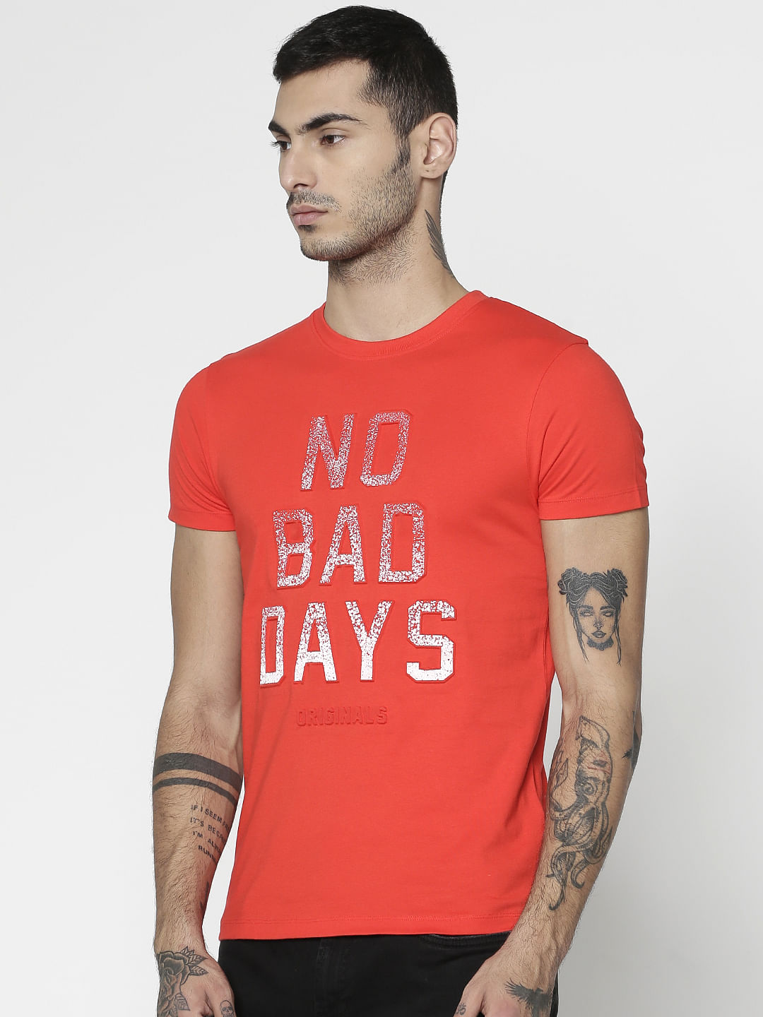 Red Text Print Slim Fit Crew Neck T-Shirt