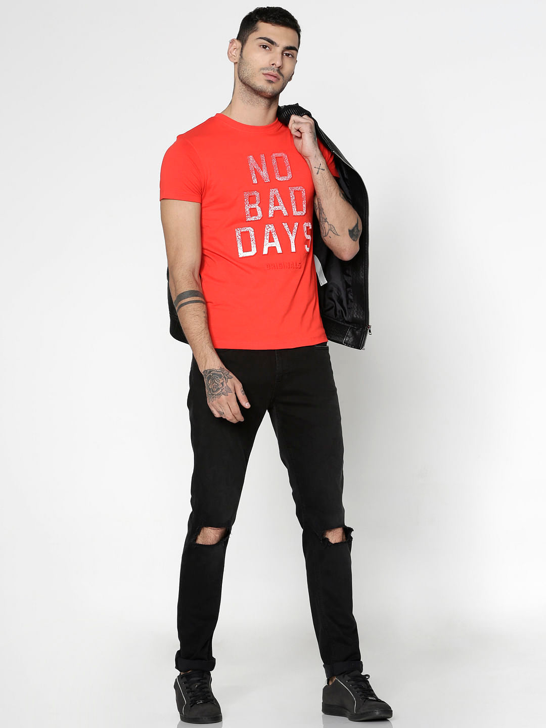 Red Text Print Slim Fit Crew Neck T-Shirt