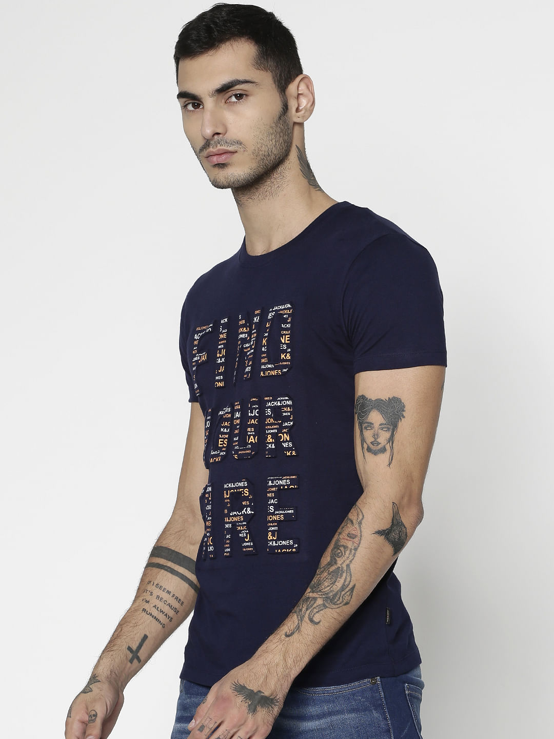 Navy Blue Text Print Slim Fit Crew Neck T-Shirt