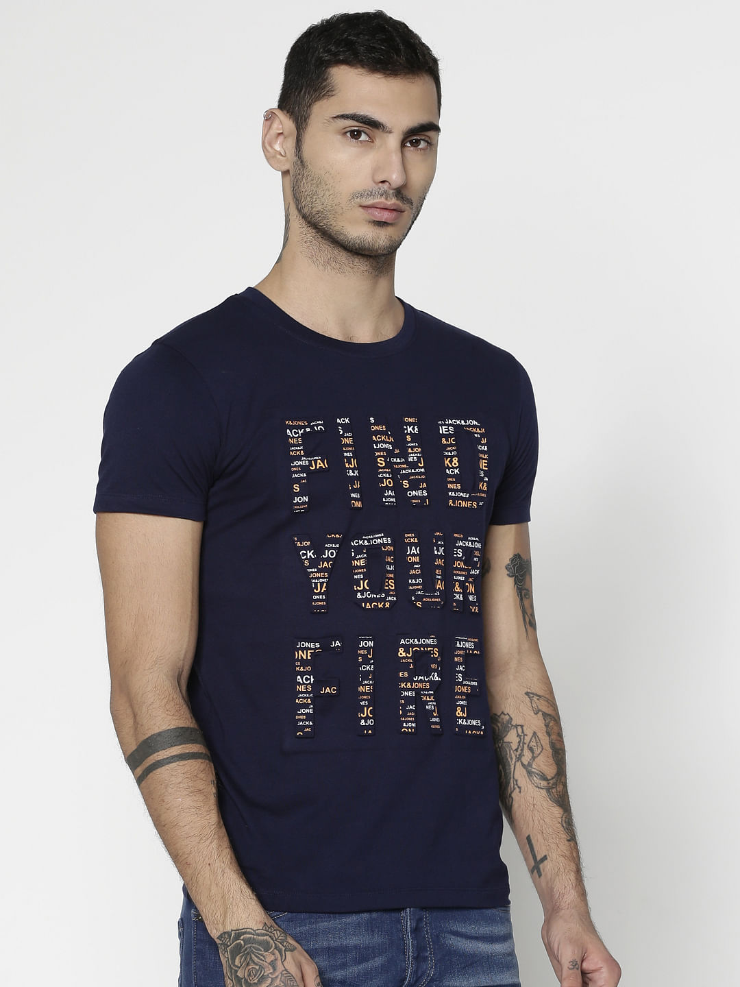 Navy Blue Text Print Slim Fit Crew Neck T-Shirt