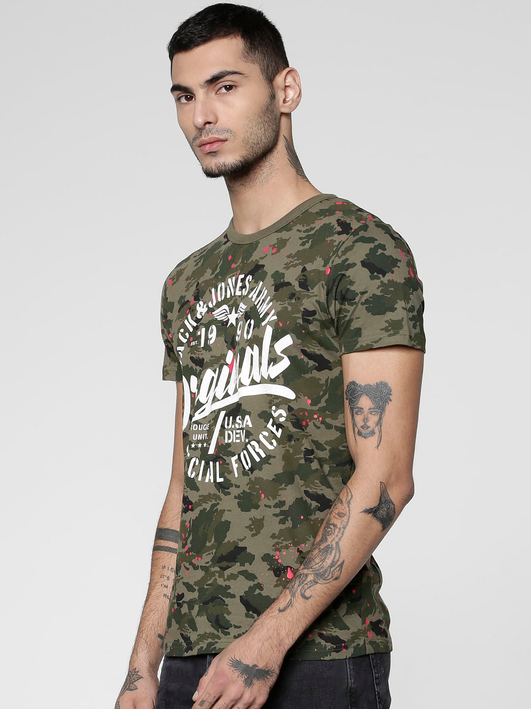 Green Camo Print Slim Fit Crew Neck T-Shirt