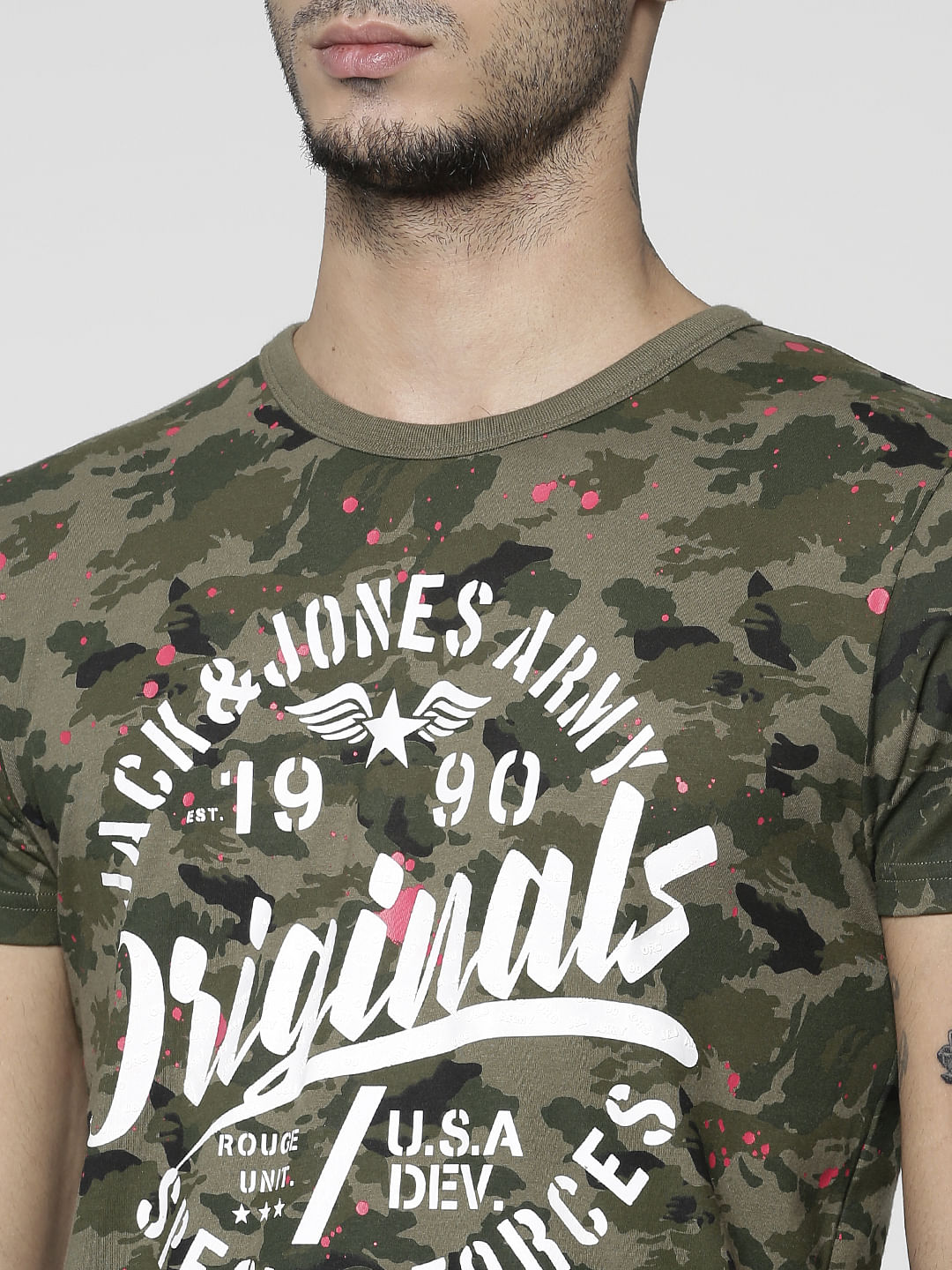 Green Camo Print Slim Fit Crew Neck T-Shirt