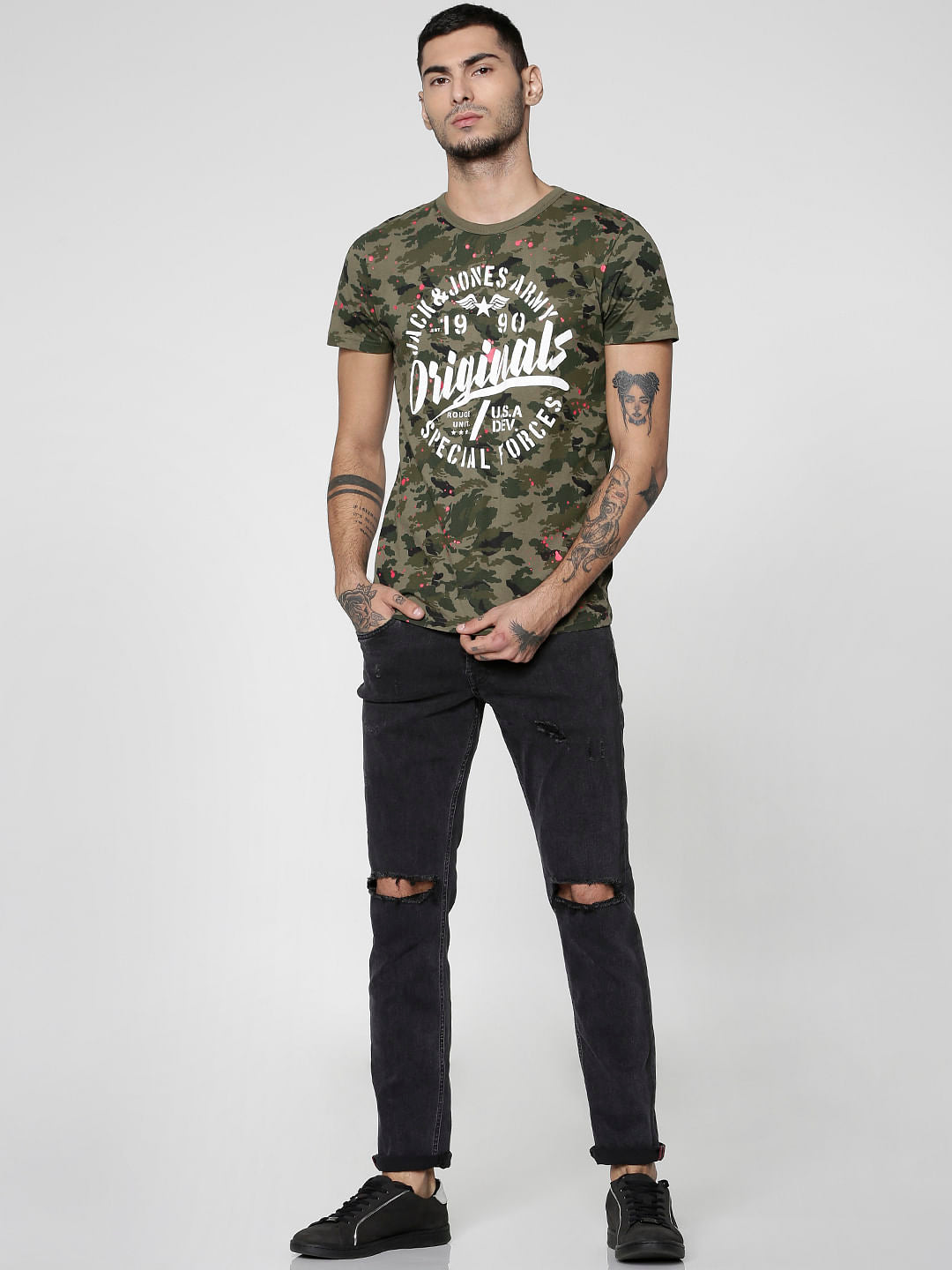 Green Camo Print Slim Fit Crew Neck T-Shirt