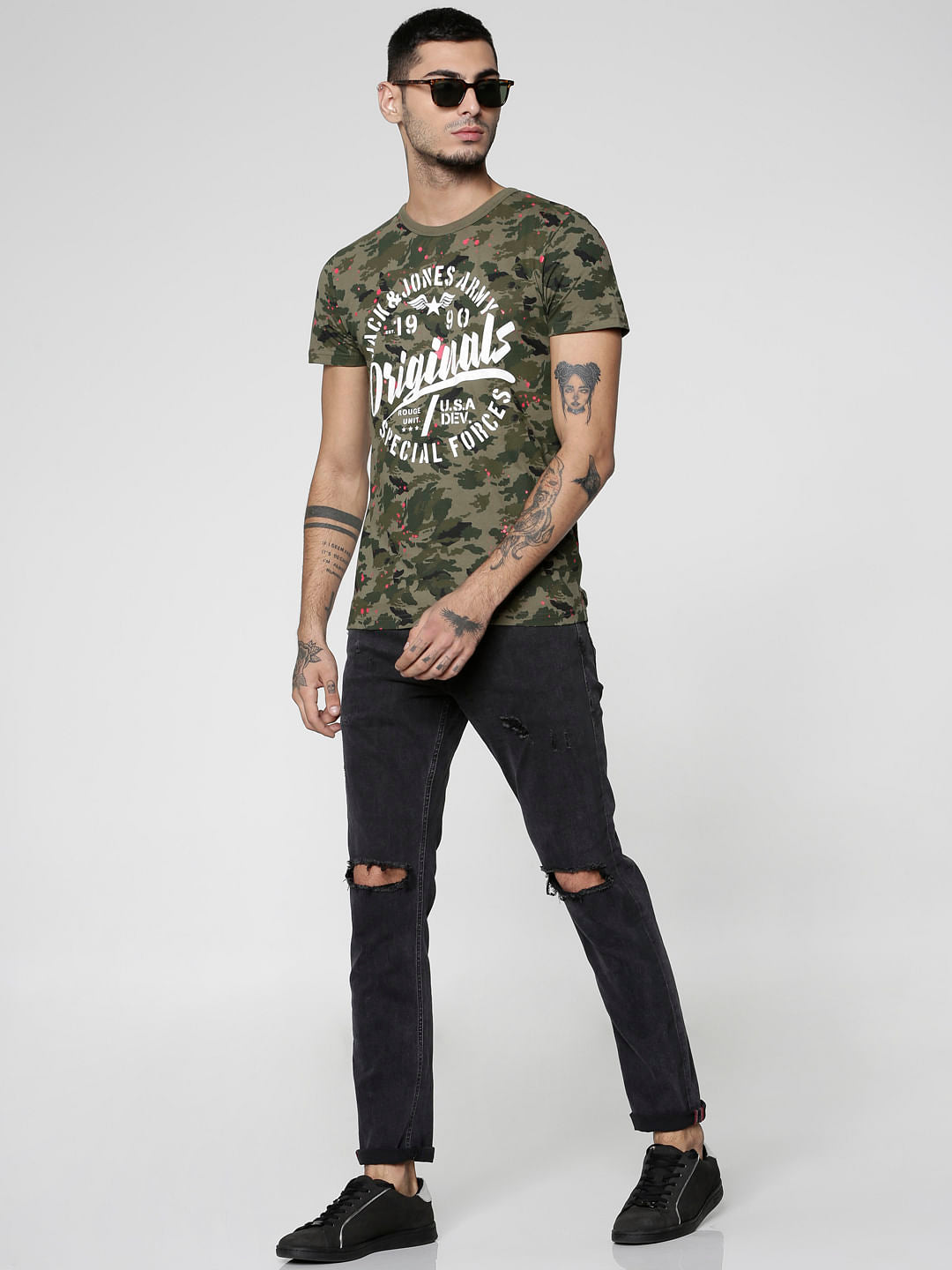 Green Camo Print Slim Fit Crew Neck T-Shirt