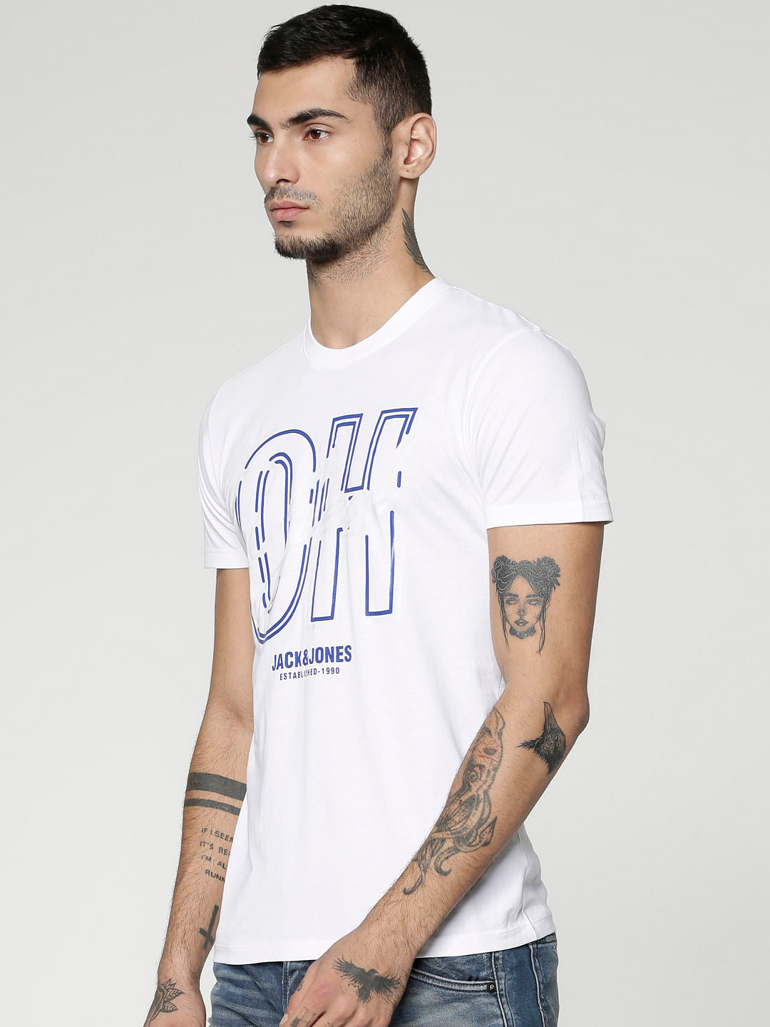 White Text Print Slim Fit Crew Neck T-Shirt