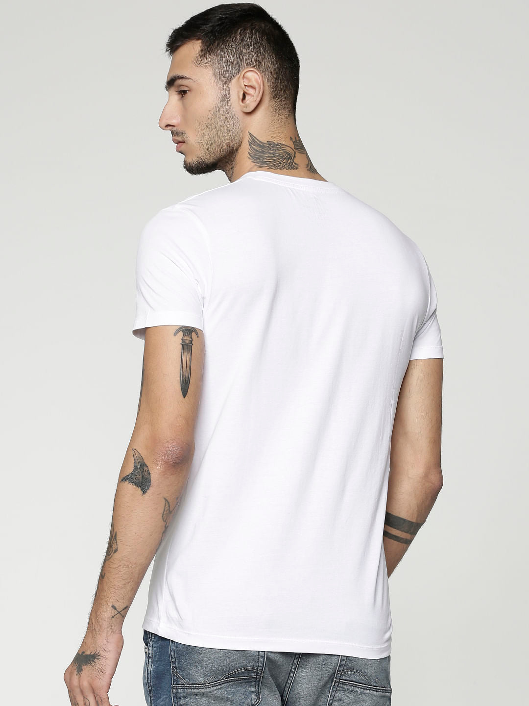 White Text Print Slim Fit Crew Neck T-Shirt