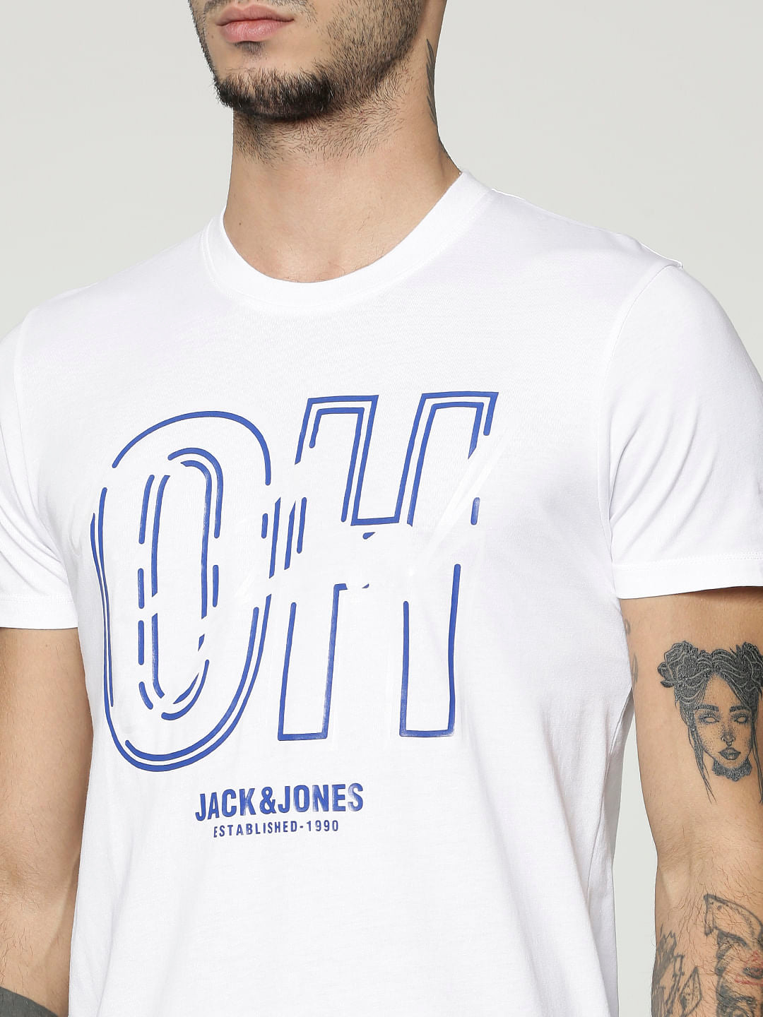White Text Print Slim Fit Crew Neck T-Shirt