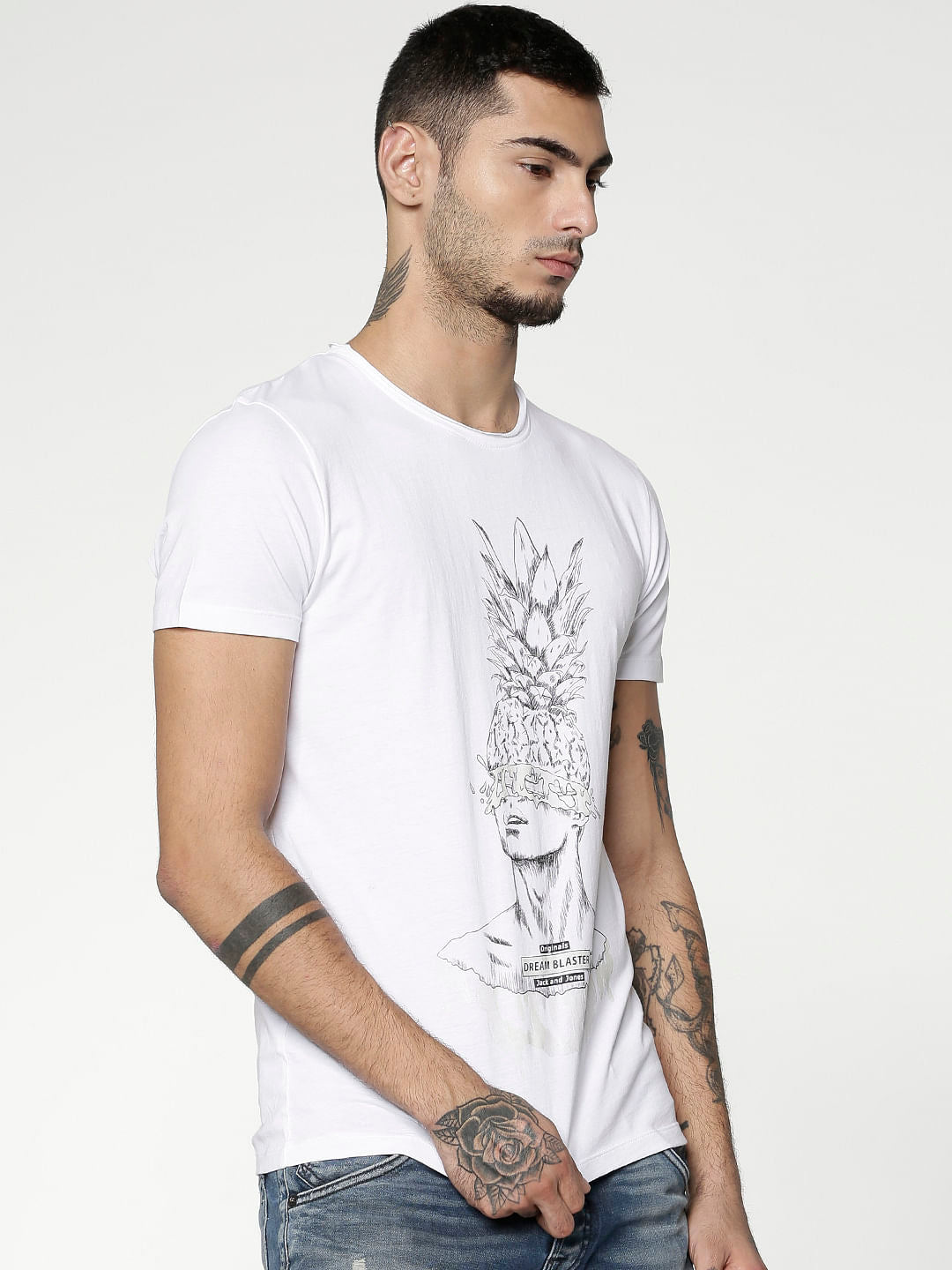 White Graphic Print Slim Fit Crew Neck T-Shirt