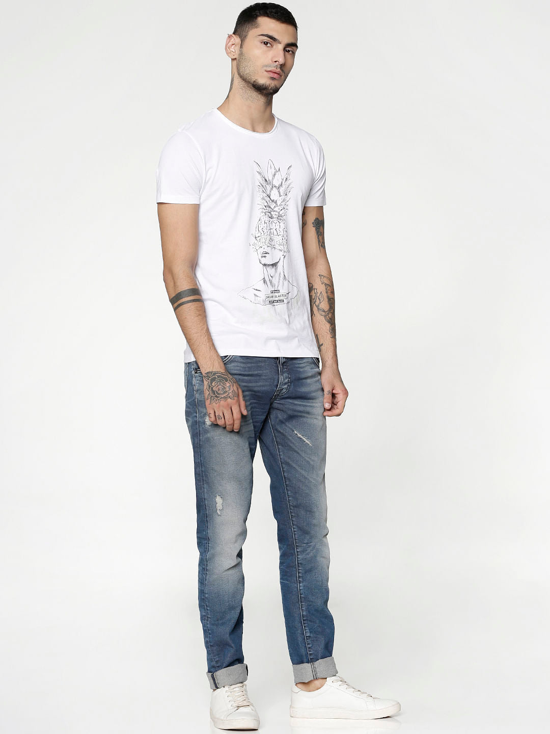 White Graphic Print Slim Fit Crew Neck T-Shirt