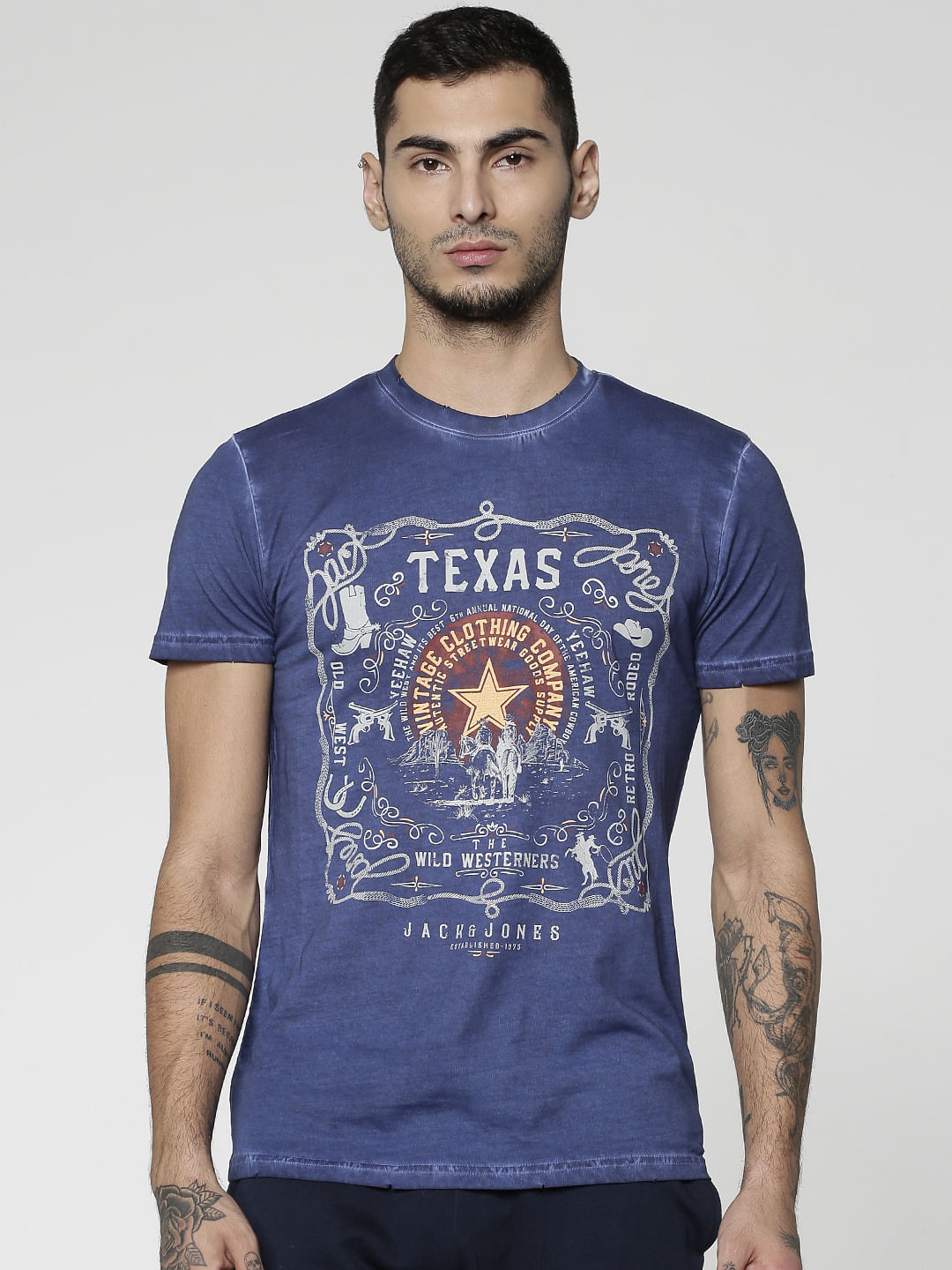 Blue Printed Slim Fit Crew Neck T-Shirt