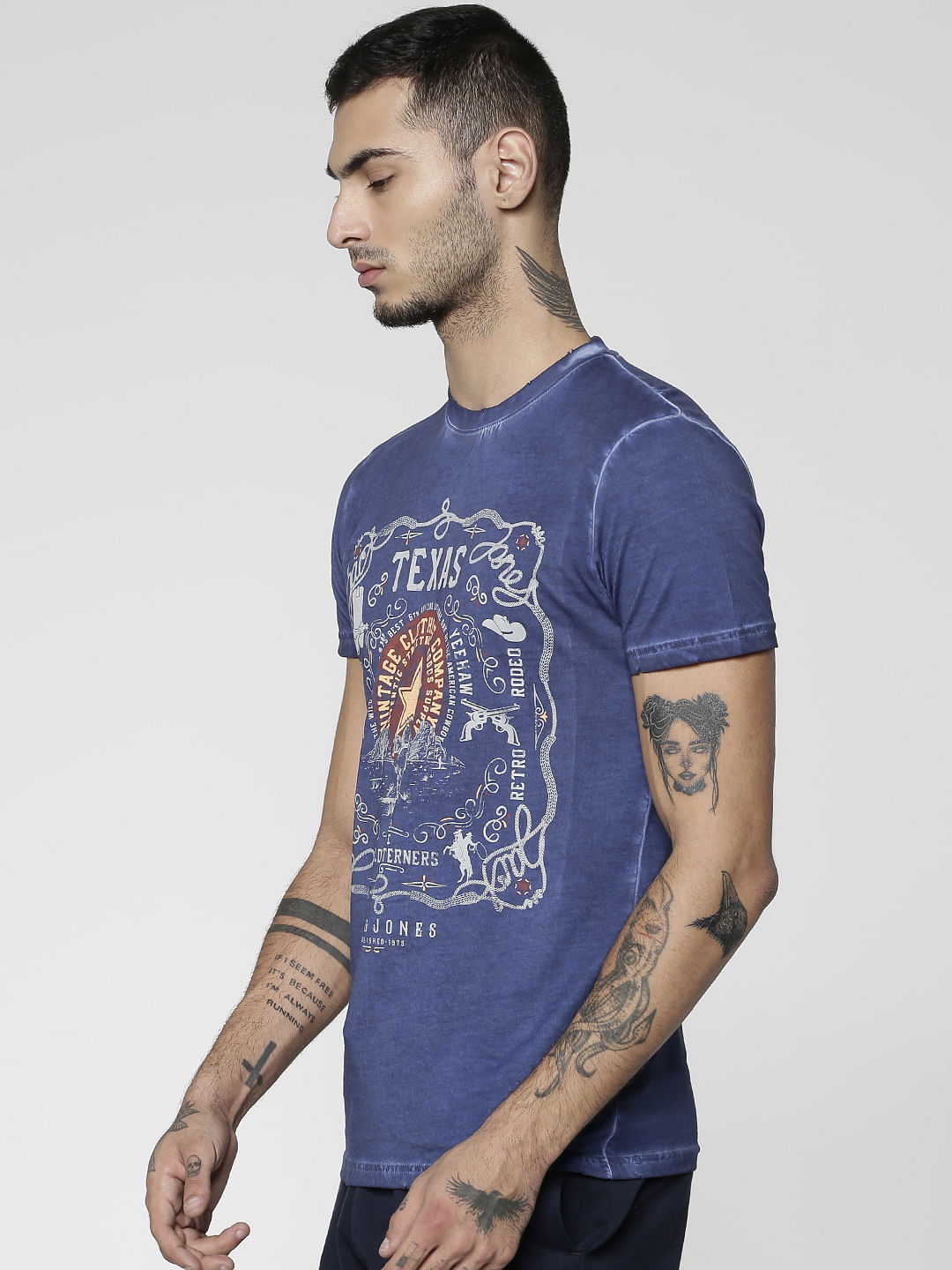 Blue Printed Slim Fit Crew Neck T-Shirt