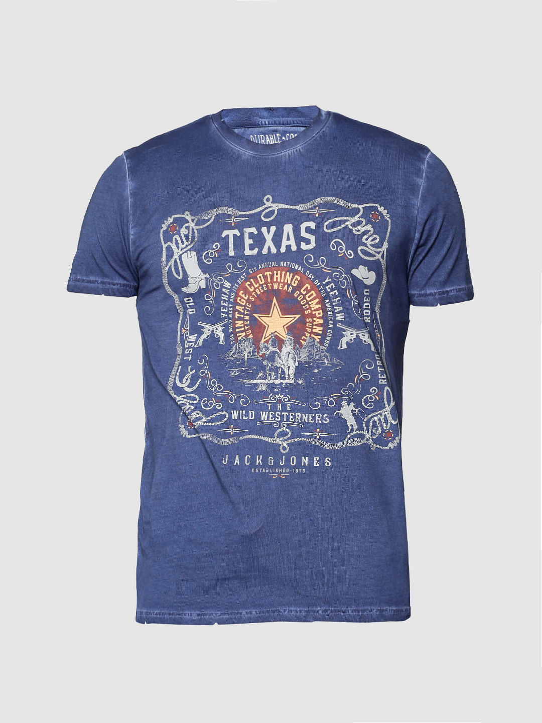 Blue Printed Slim Fit Crew Neck T-Shirt