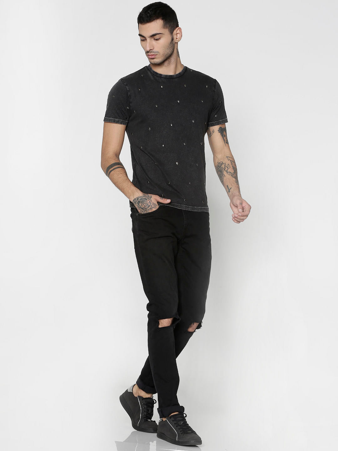 Black Embellished Crew Neck T-Shirt