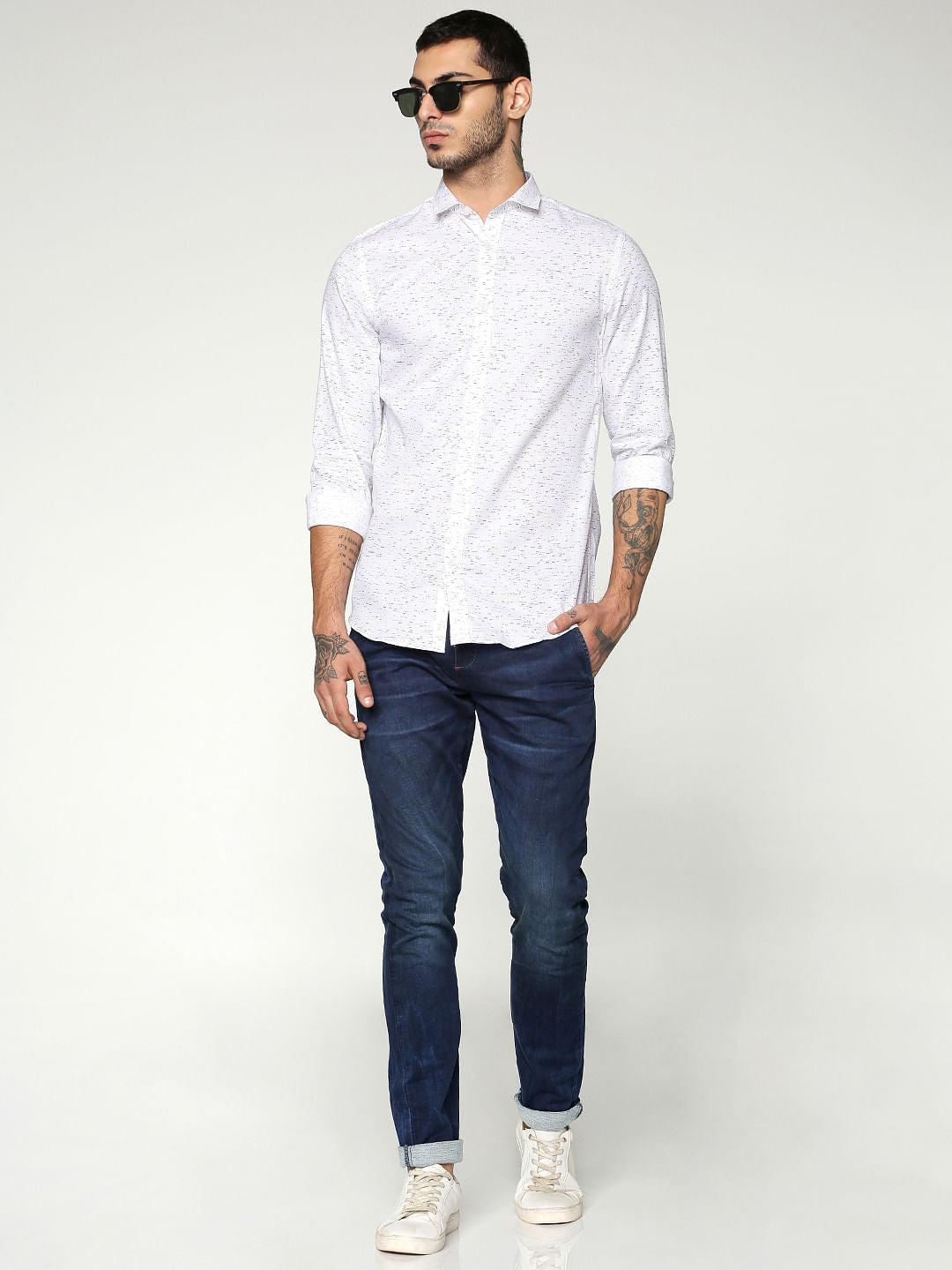 White All Over Print Slim Fit Full Sleeves Shirt