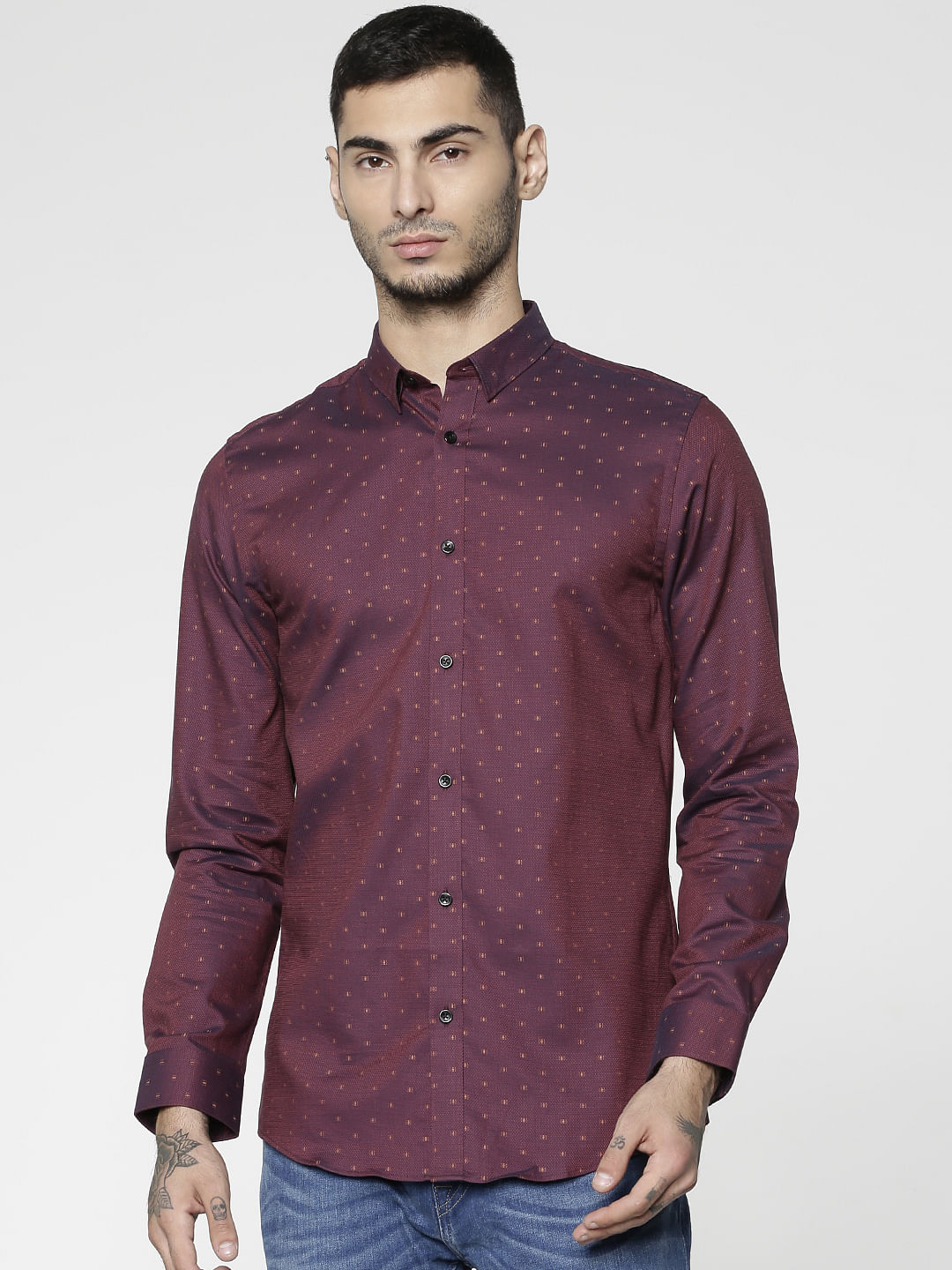 Red All Over Dotted Print Full Sleeves Shirt