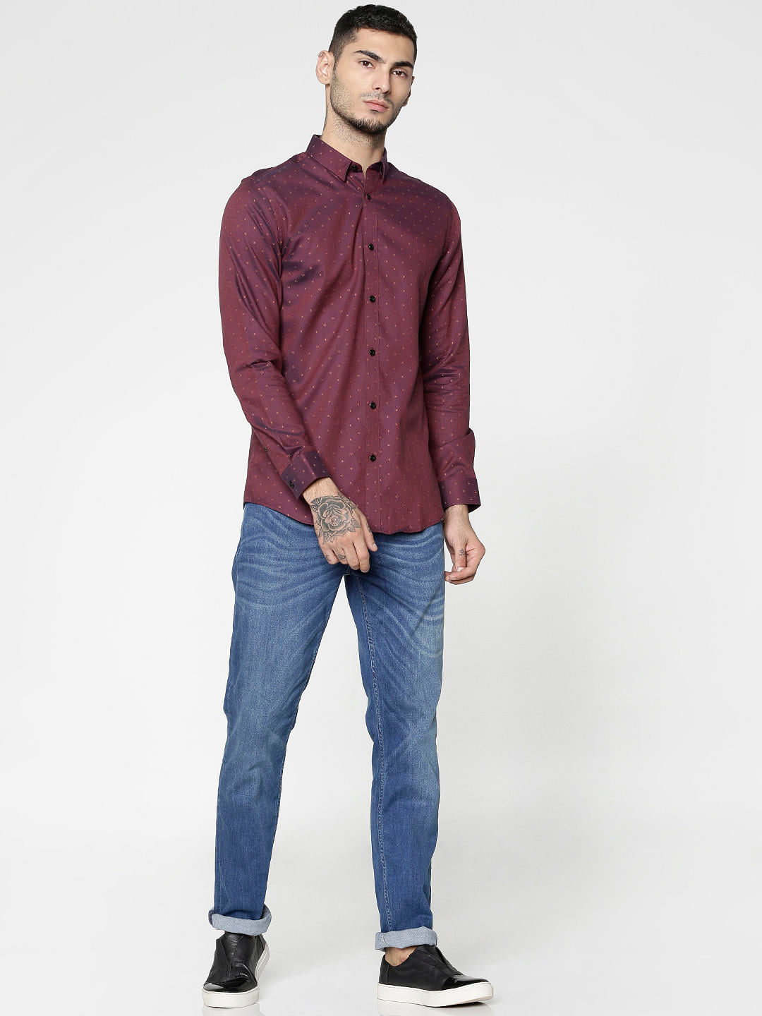 Red All Over Dotted Print Full Sleeves Shirt