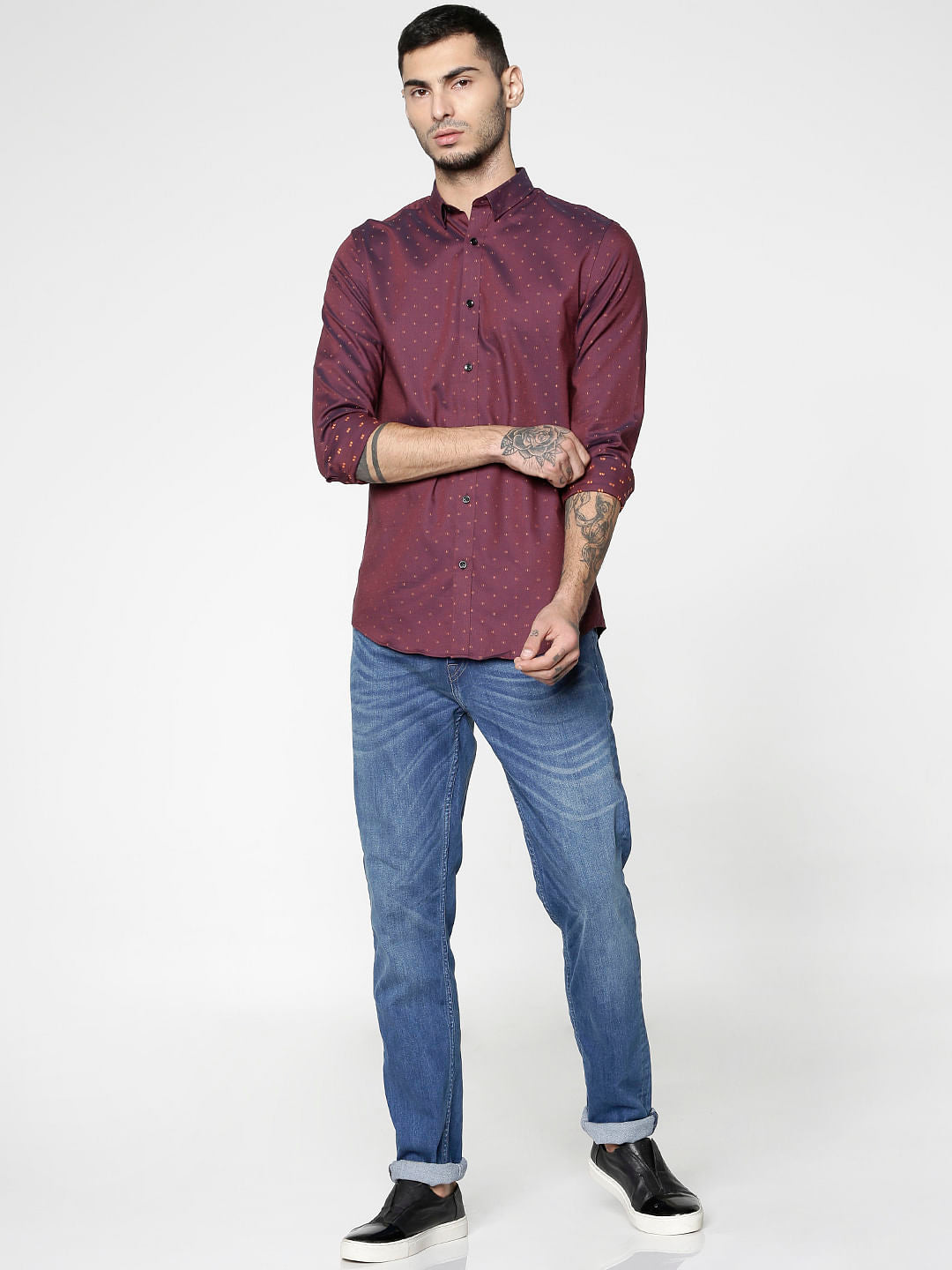 Red All Over Dotted Print Full Sleeves Shirt