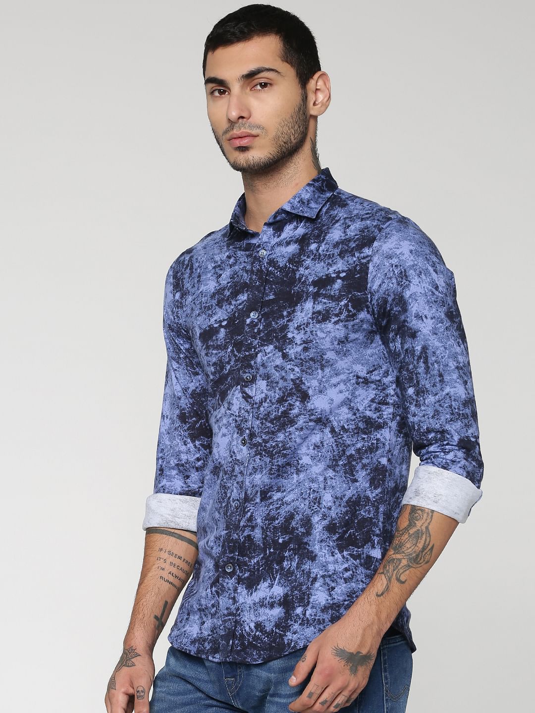 Blue All Over Texture Print Slim Fit Full Sleeves Shirt