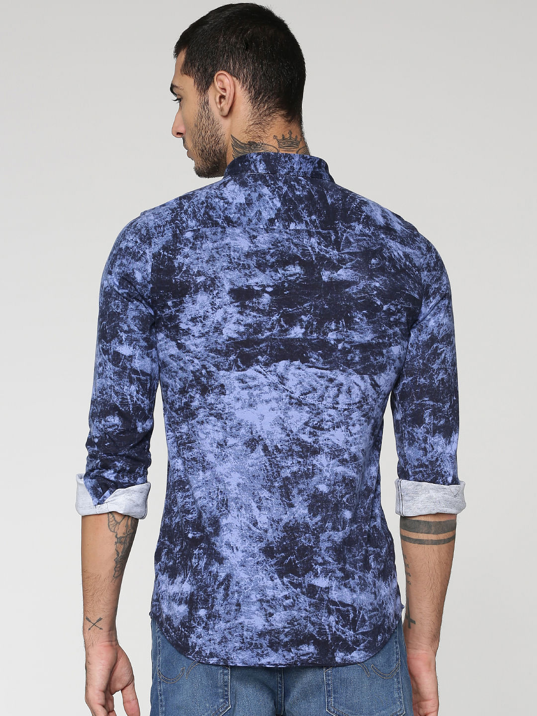 Blue All Over Texture Print Slim Fit Full Sleeves Shirt