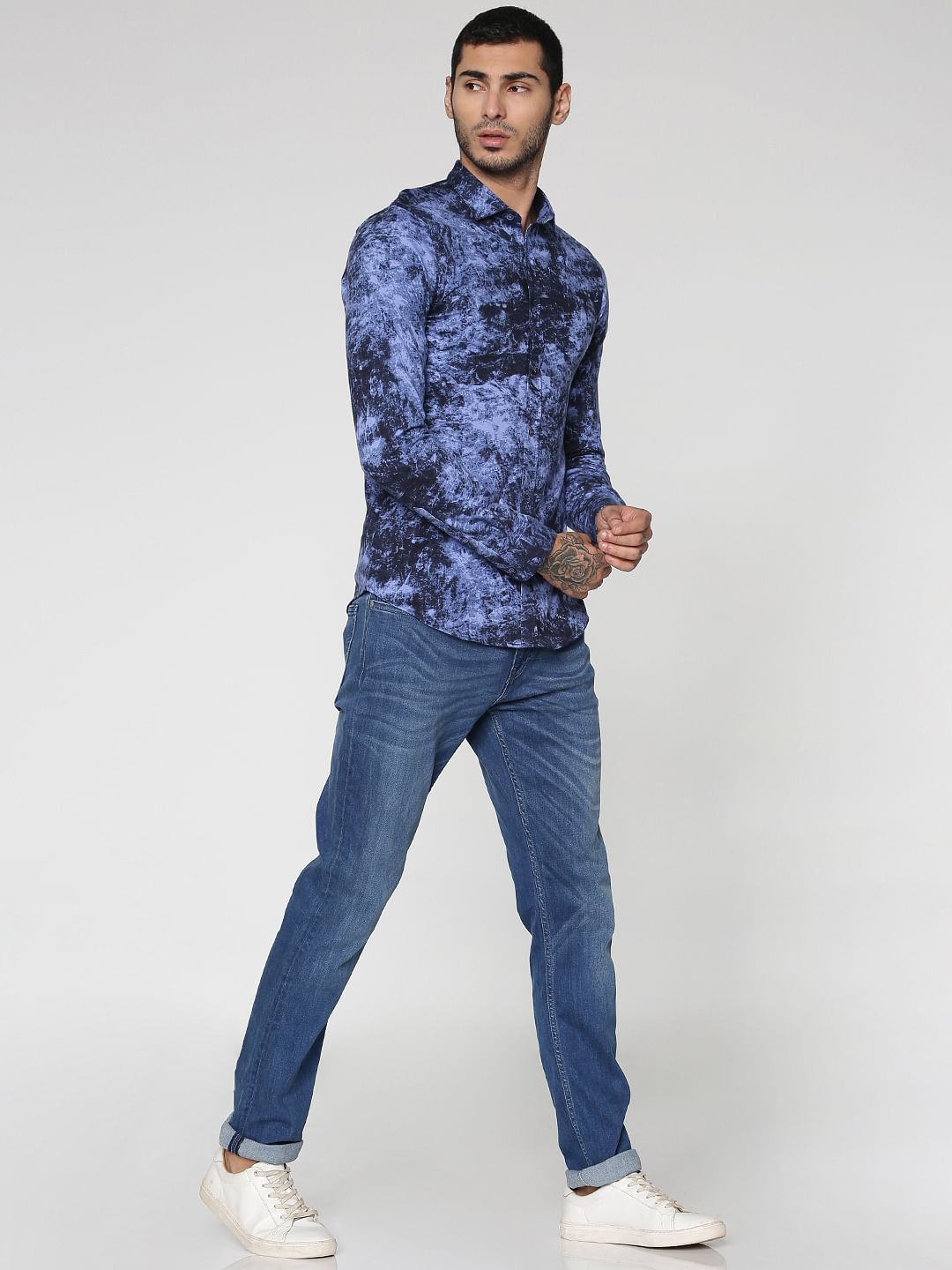 Blue All Over Texture Print Slim Fit Full Sleeves Shirt