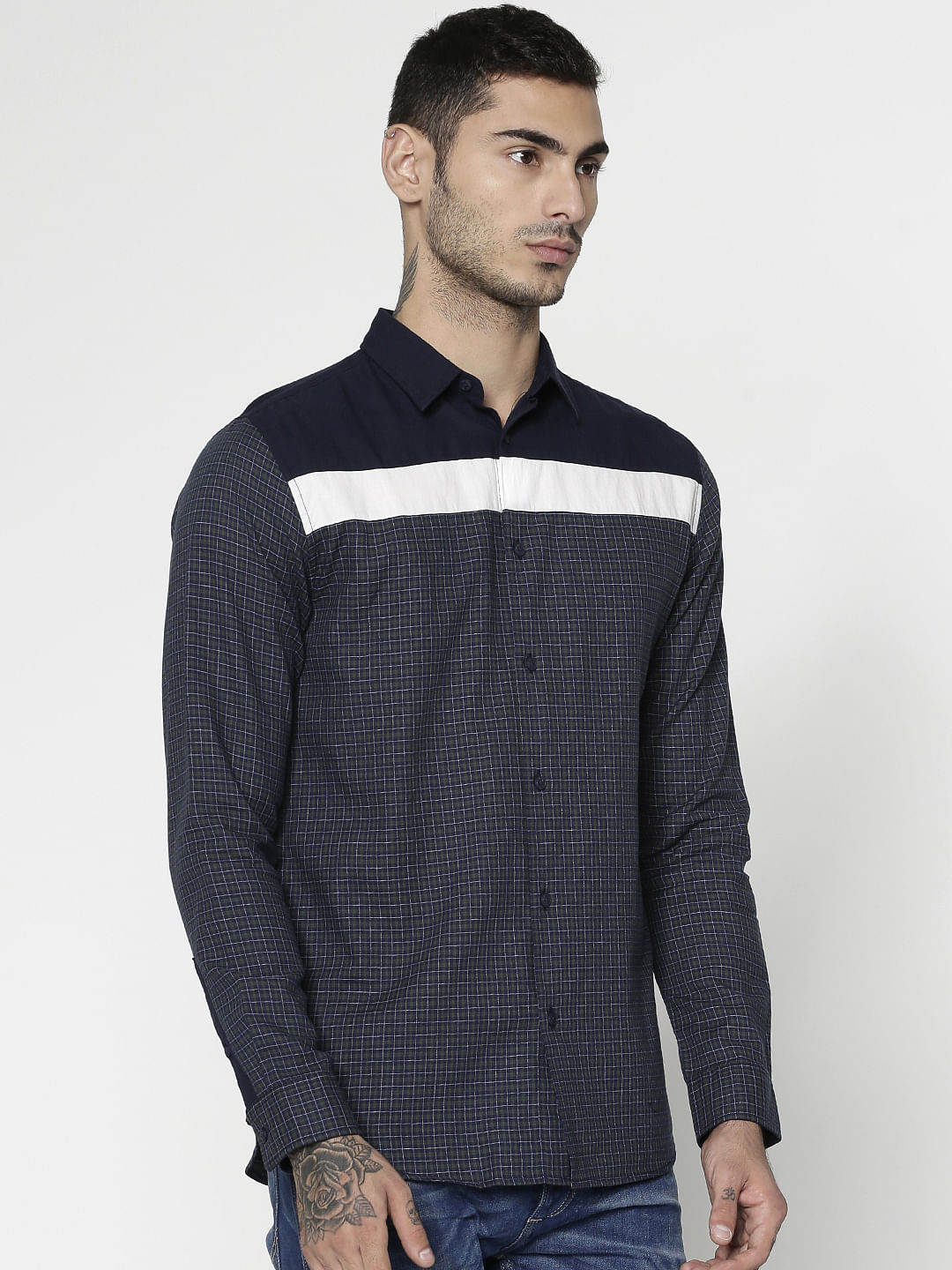 Blue Colour Blocked Checks Print Slim Fit Full Sleeves Shirt