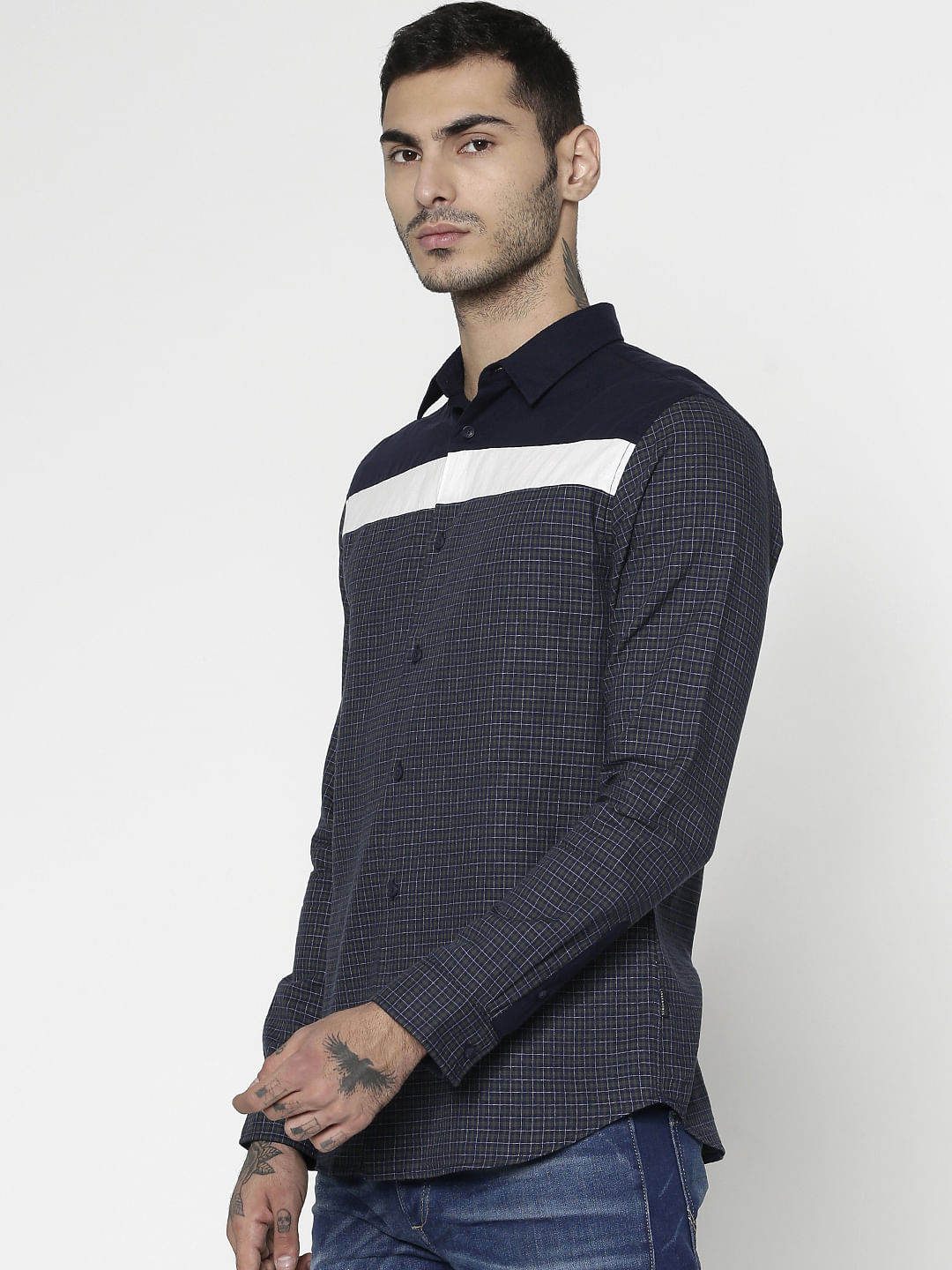 Blue Colour Blocked Checks Print Slim Fit Full Sleeves Shirt