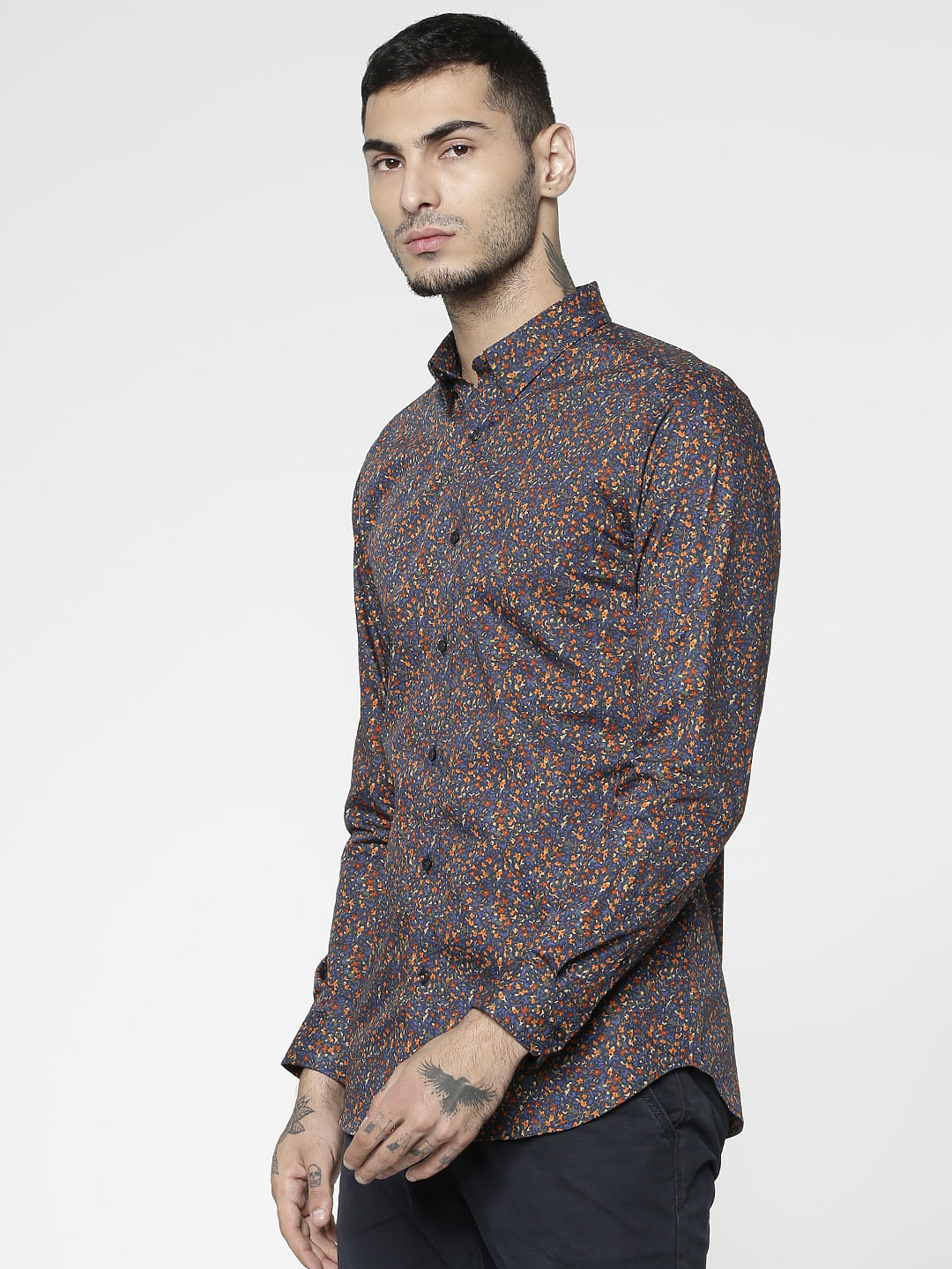Blue All Over Floral Print Slim Fit Full Sleeves Shirt