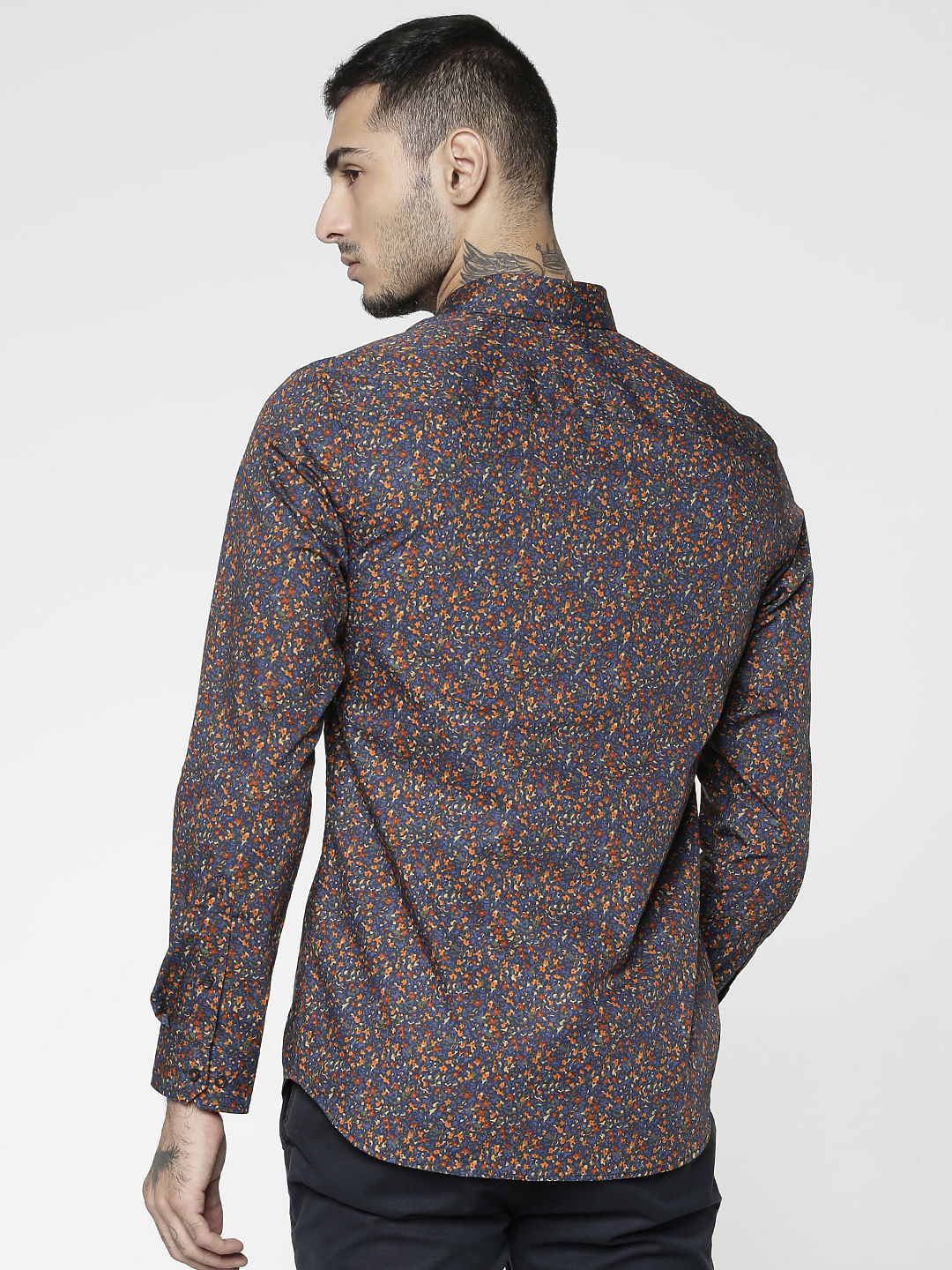 Blue All Over Floral Print Slim Fit Full Sleeves Shirt