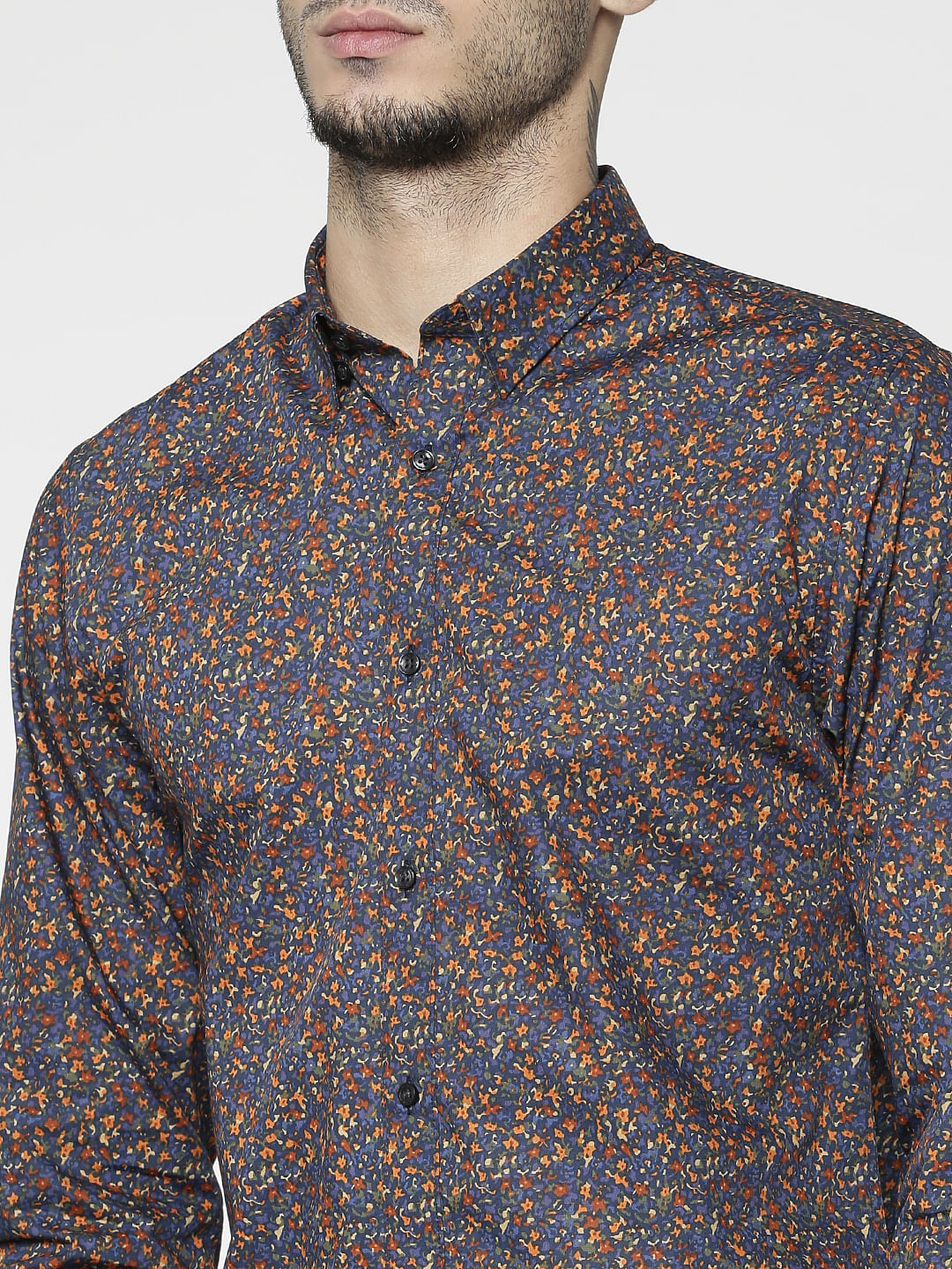 Blue All Over Floral Print Slim Fit Full Sleeves Shirt