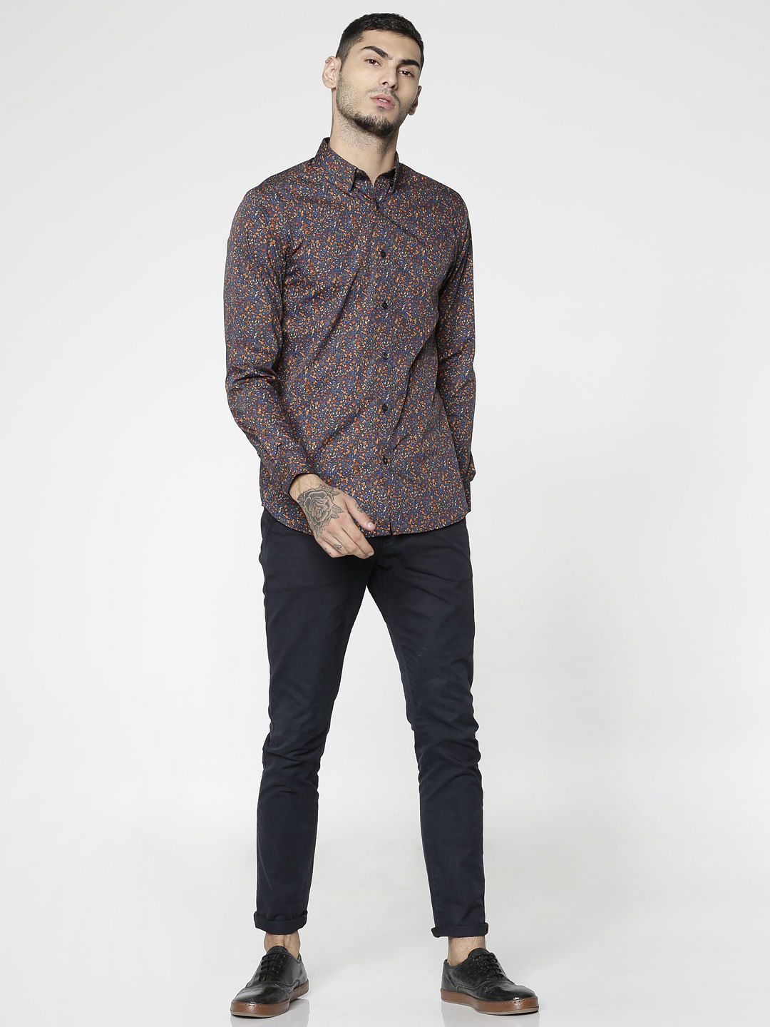 Blue All Over Floral Print Slim Fit Full Sleeves Shirt
