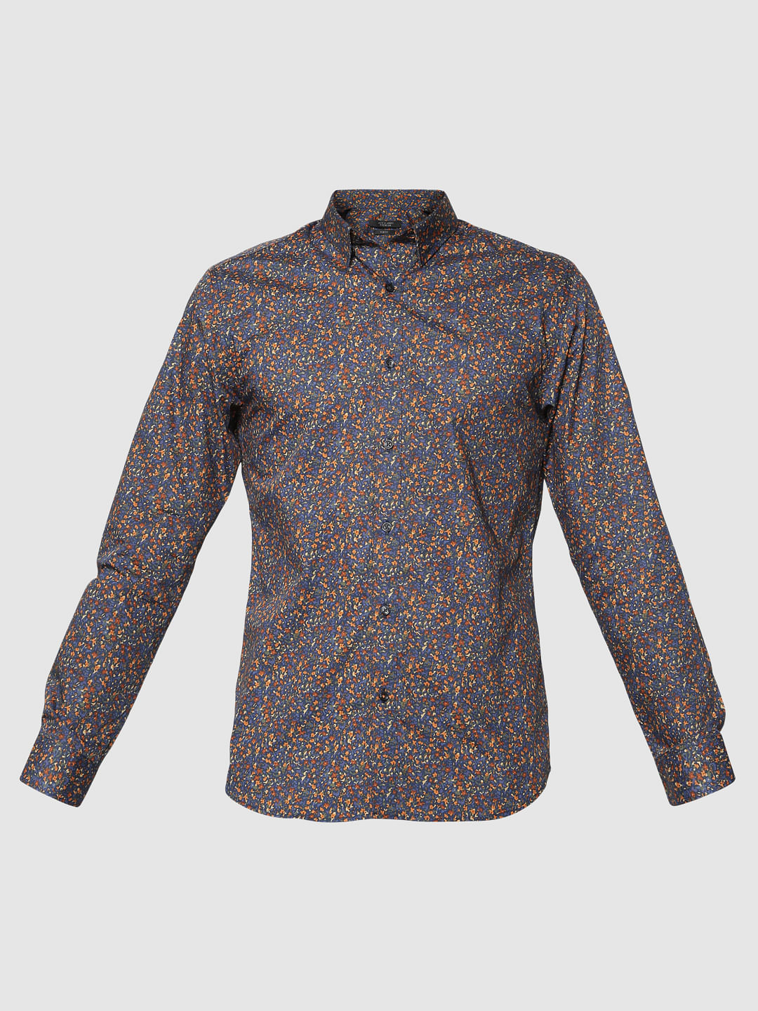 Blue All Over Floral Print Slim Fit Full Sleeves Shirt